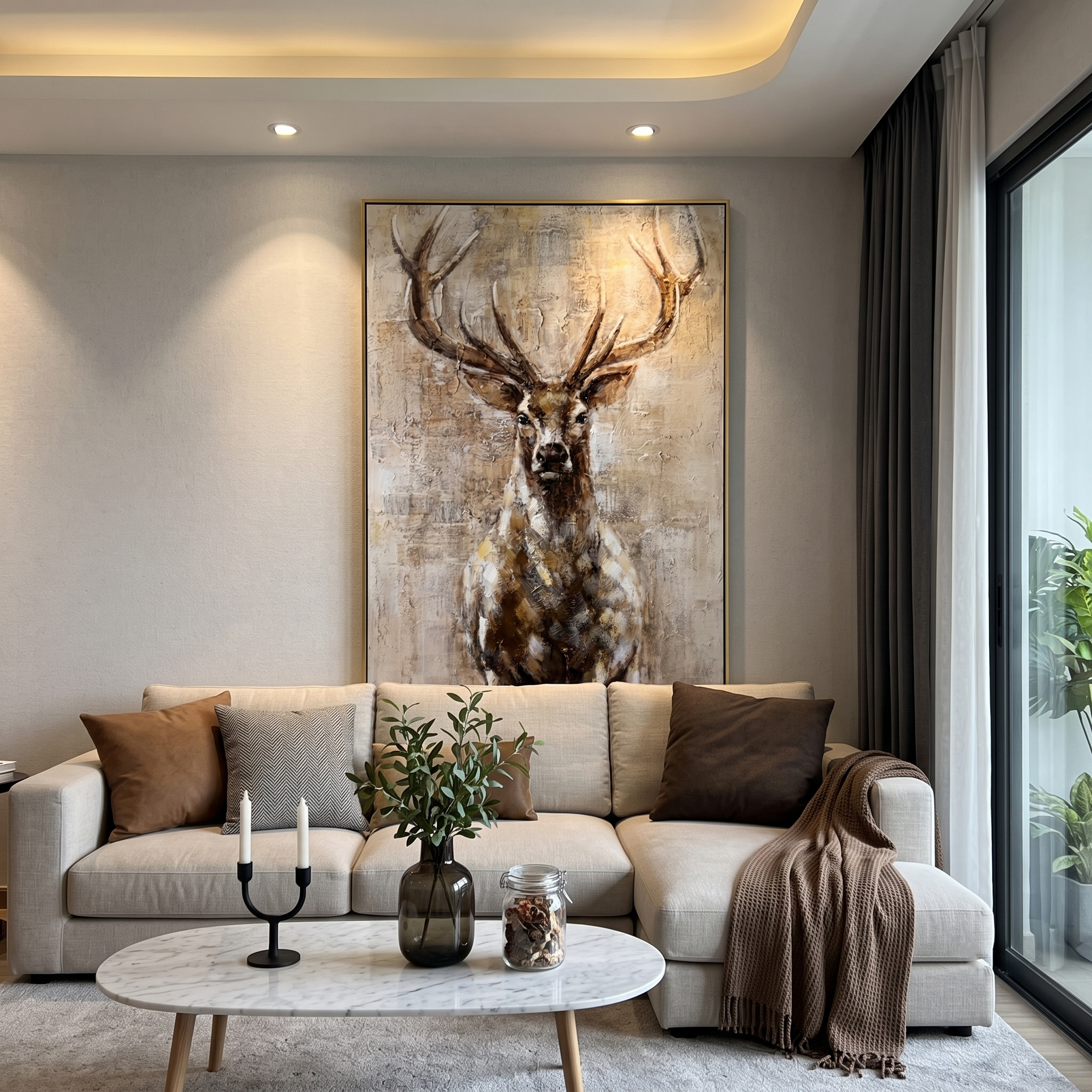 "Majestic Textured Stag Portrait" – Modern Heavy Impasto Wildlife Figurative | 3D Sepia Bronze & Warm Beige Palette Knife Painting | Luxury Vertical Wall Art #AN 152