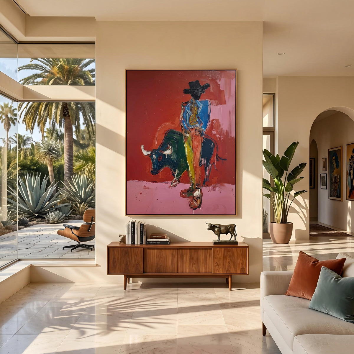 "Bullfighting Western Cowboy" - Modern Heavy Impasto Western Animal Artwork | Pink Palette Knife Painting | Luxury Vertical Wall Art #PT 2648