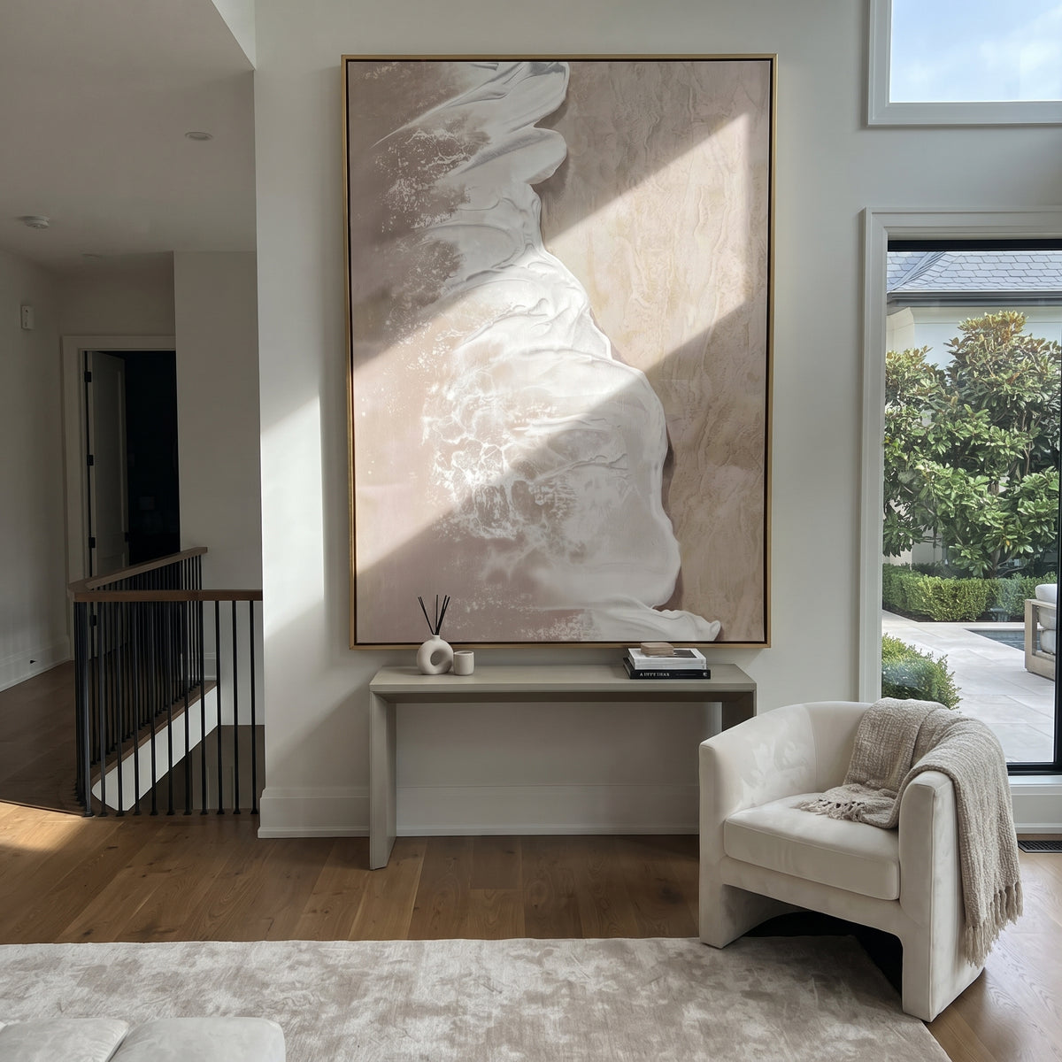 "Sand Tidal Glow" is a 100% hand-painted seascape created with professional oil and acrylic paints on high-quality canvas. Its beige & white palette and visible textured strokes give every piece authentic handmade variation and tactile depth.