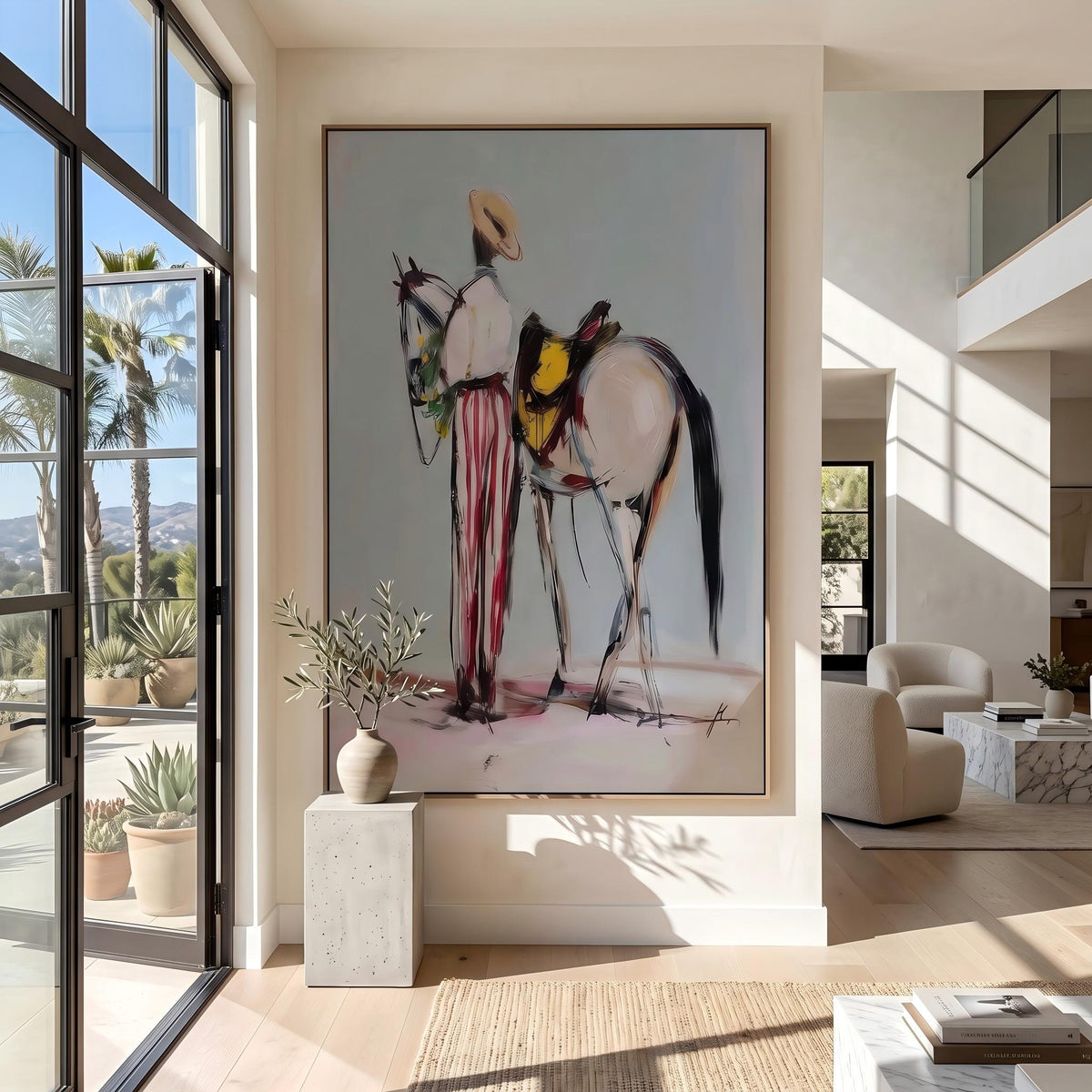 "Western Cowboy and Horse" - Modern Heavy Impasto Western Animal Artwork | White Palette Knife Painting | Luxury Vertical Wall Art #PT 2637