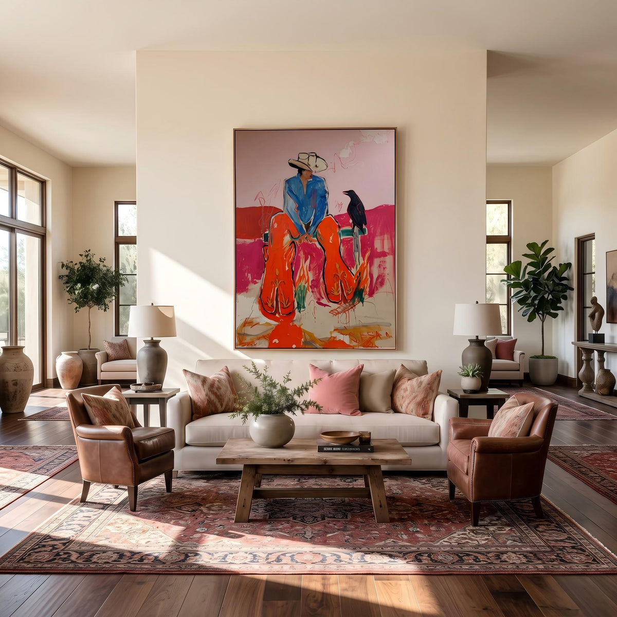 "Crow Cowboy" - Modern Heavy Impasto Western Animal Artwork | Pink Palette Knife Painting | Luxury Vertical Wall Art #PT 2649