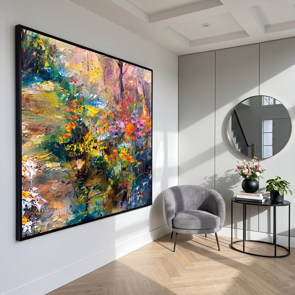 "Wildflower Woodland Bloom" – Modern Heavy Impasto Impressionist Landscape | 3D Golden Citrus & Forest Sage Palette Knife Painting | Luxury Square Wall Art #PT 568