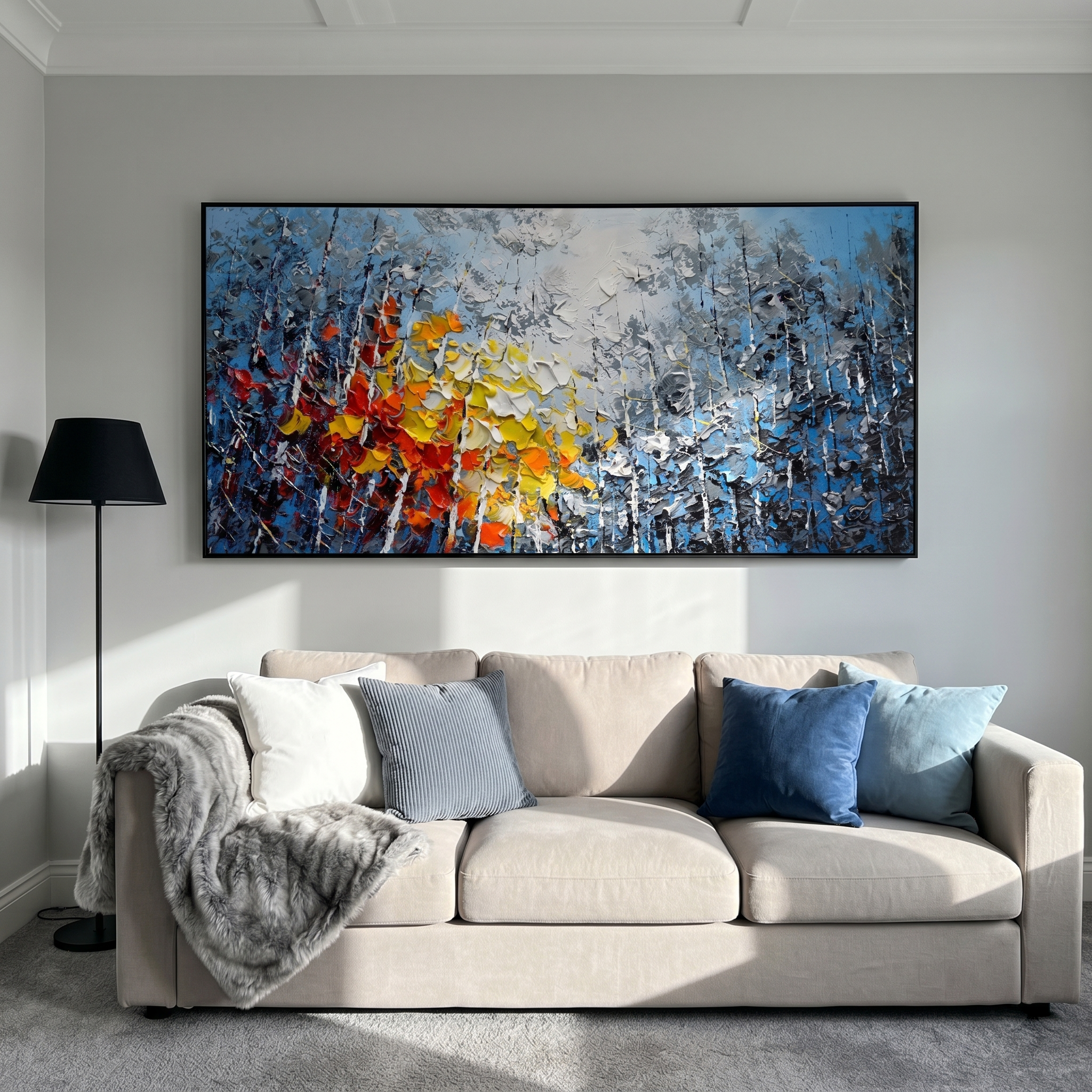 "Vivid Autumn Birch Grove" – Modern Heavy Impasto Impressionist Forest Landscape | 3D Cool Cerulean & Fiery Amber Palette Knife Painting | Luxury Horizontal Wall Art #PT 576
