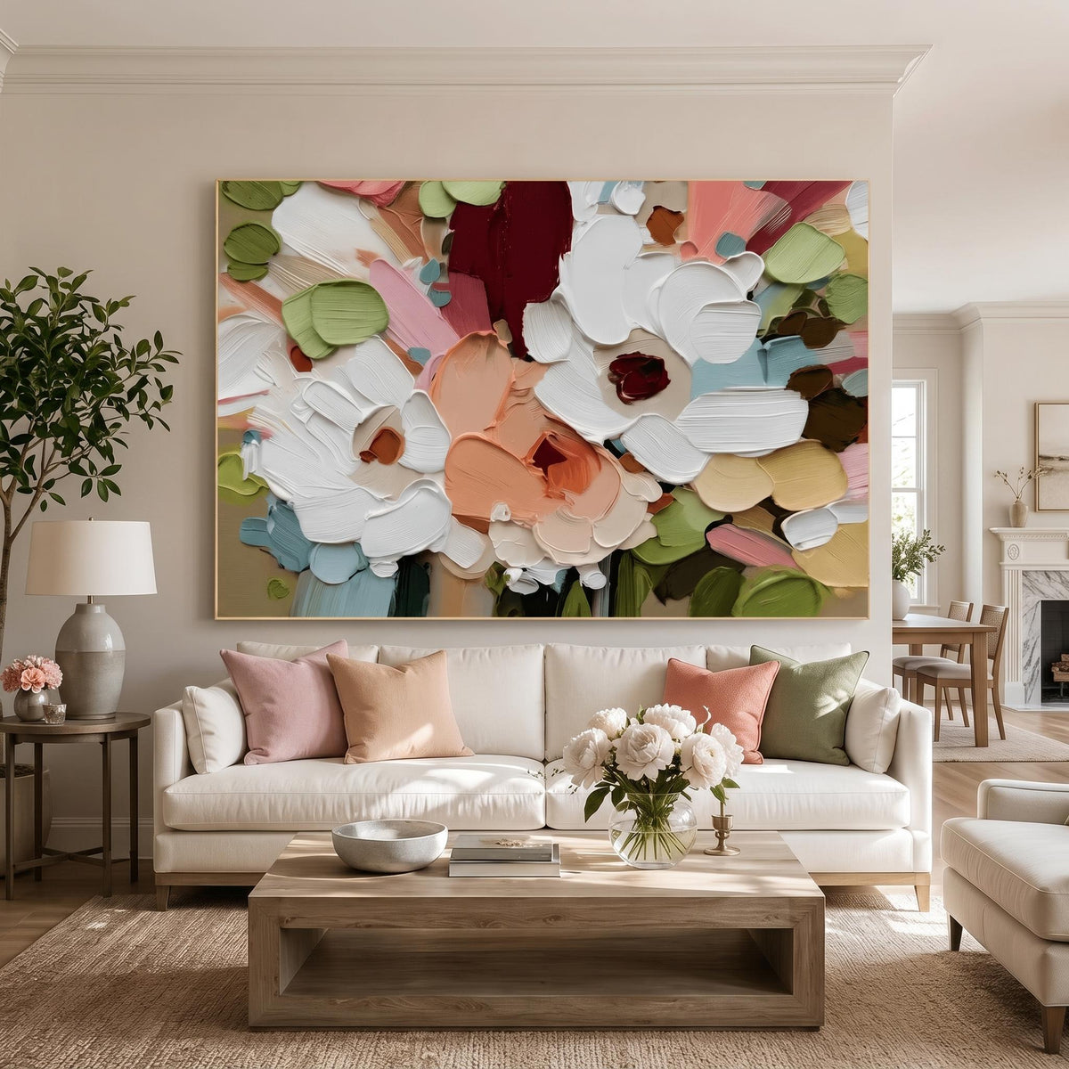 "Colorful Textured Floral Wall" - Modern Heavy Impasto Floral Abstract | White Palette Knife Painting | Luxury Horizontal Wall Art #PT 2606