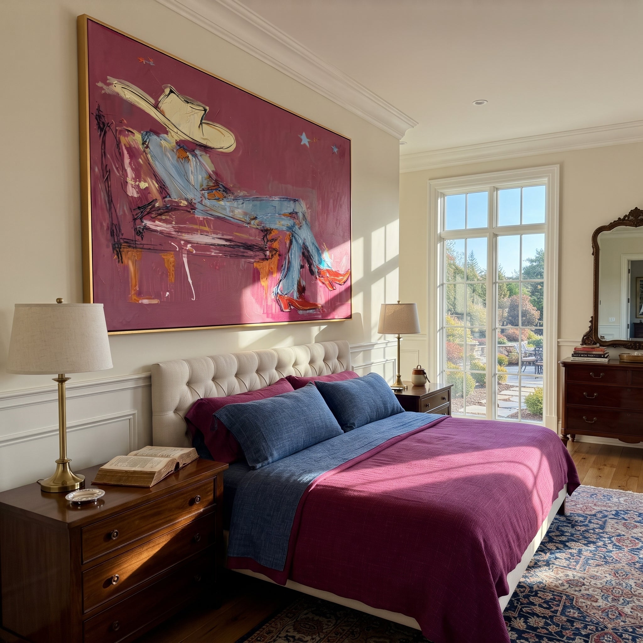 "Lounging Magenta Cowboy Sketch" – Modern Heavy Impasto Western Figurative Art | 3D Fuchsia & Denim Palette Knife Painting | Luxury Horizontal Wall Art #PT 640