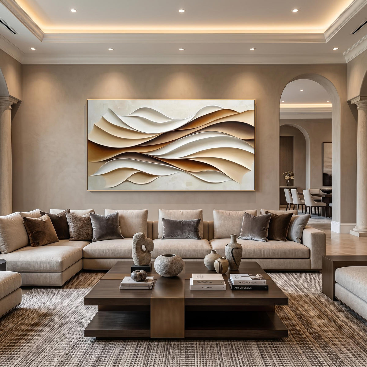 "Layered Wave" - Modern Heavy Impasto Ocean Wave Seascape | Beige Palette Knife Painting | Luxury Horizontal Wall Art #PT 2622