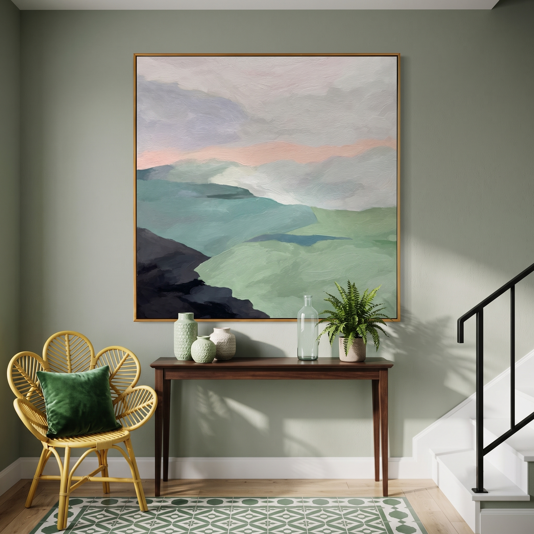 "Misty Pastel Mountain Ridges" – Modern Heavy Impasto Minimalist Landscape | 3D Sage Green & Blush Dusk Palette Knife Painting | Luxury Square Wall Art #PT 569