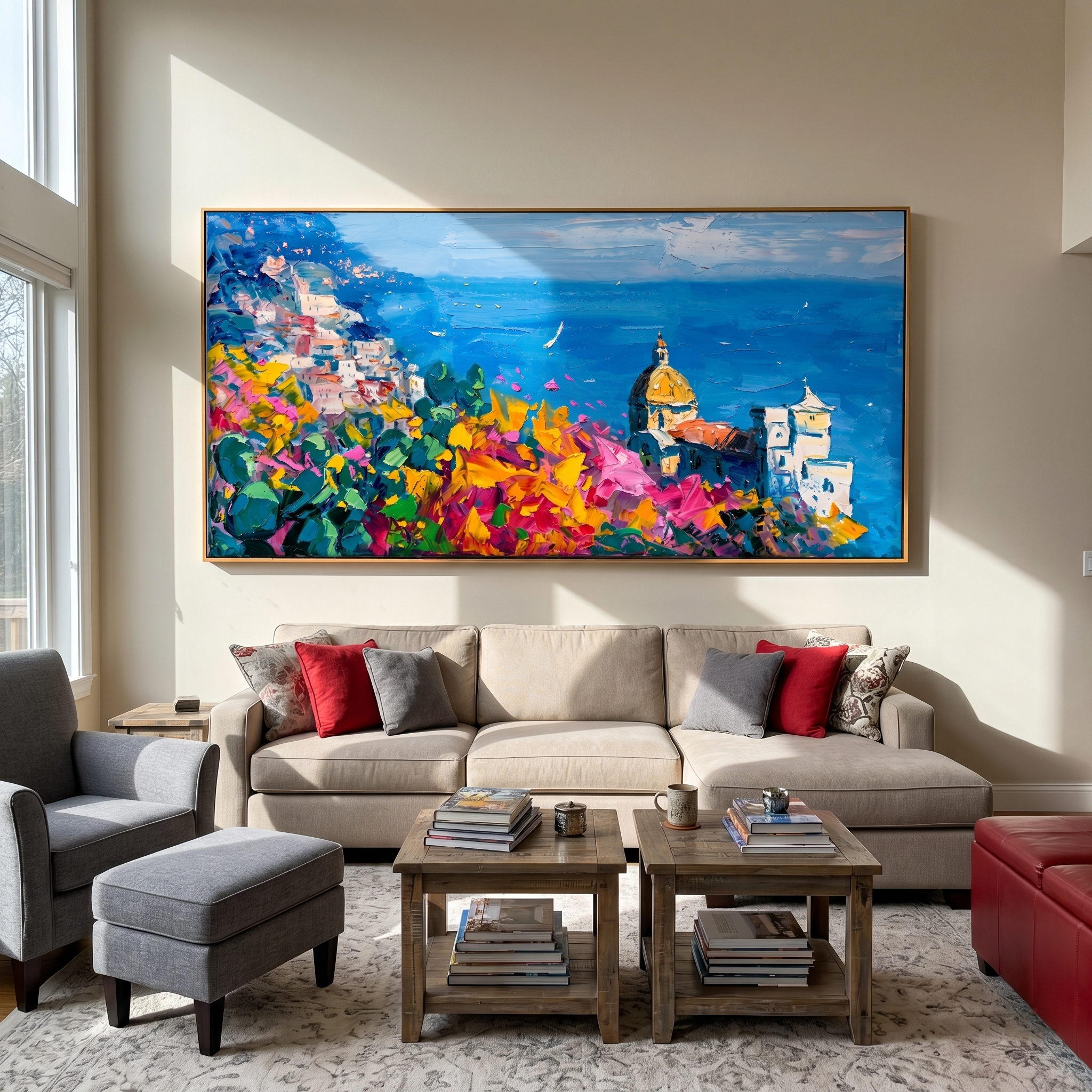 "Mediterranean Cliffside Floral Village" - Modern Heavy Impasto Coastal Landscape | 3D Azure Ocean & Fuchsia Floral Palette Knife Painting | Luxury Horizontal Wall Art #PT 581