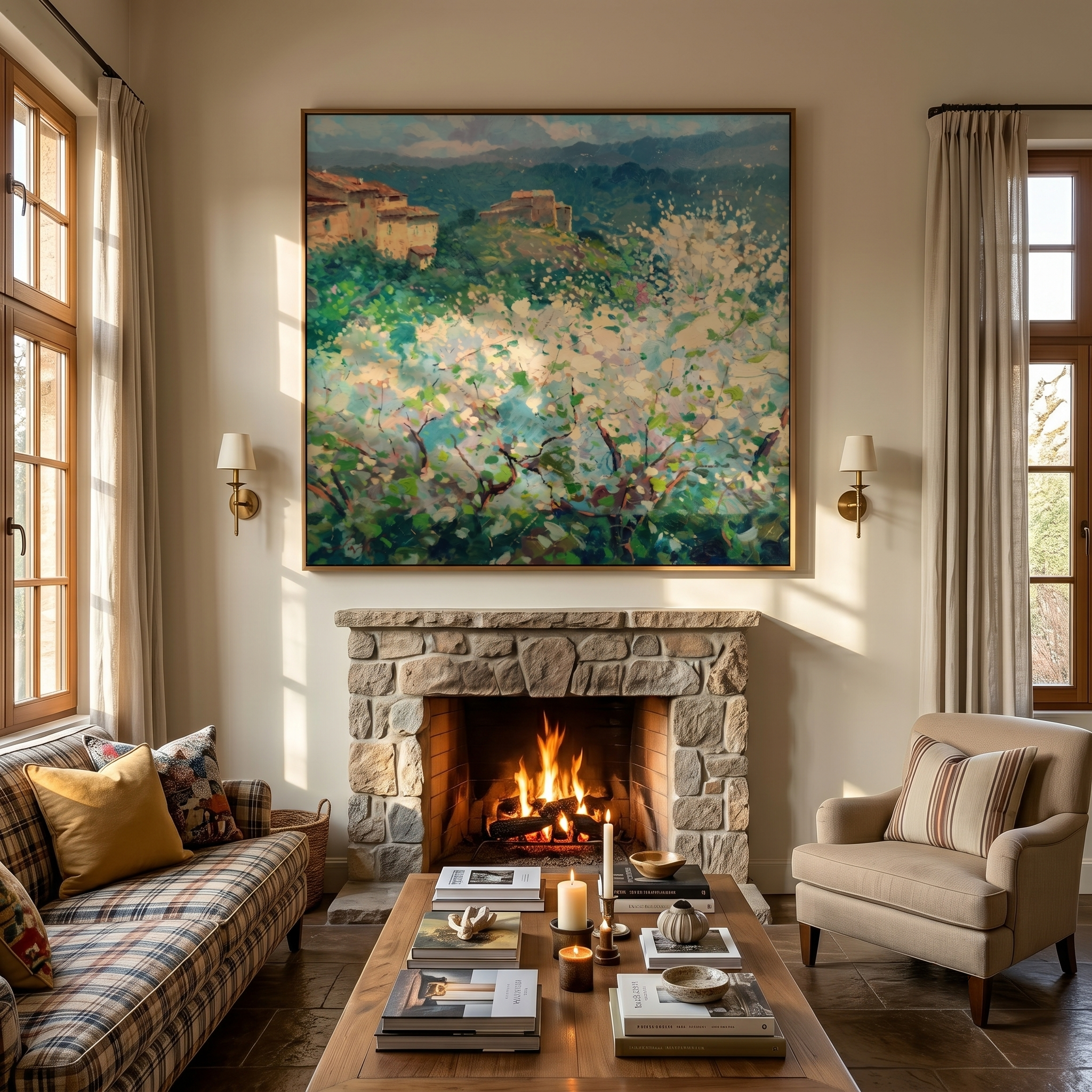 "Tuscan Spring Blossom Hamlet" - Modern Heavy Impasto Impressionist Country Landscape | 3D Soft Ivory Bloom & Forest Sage Palette Knife Painting | Luxury Square Wall Art #PT 584