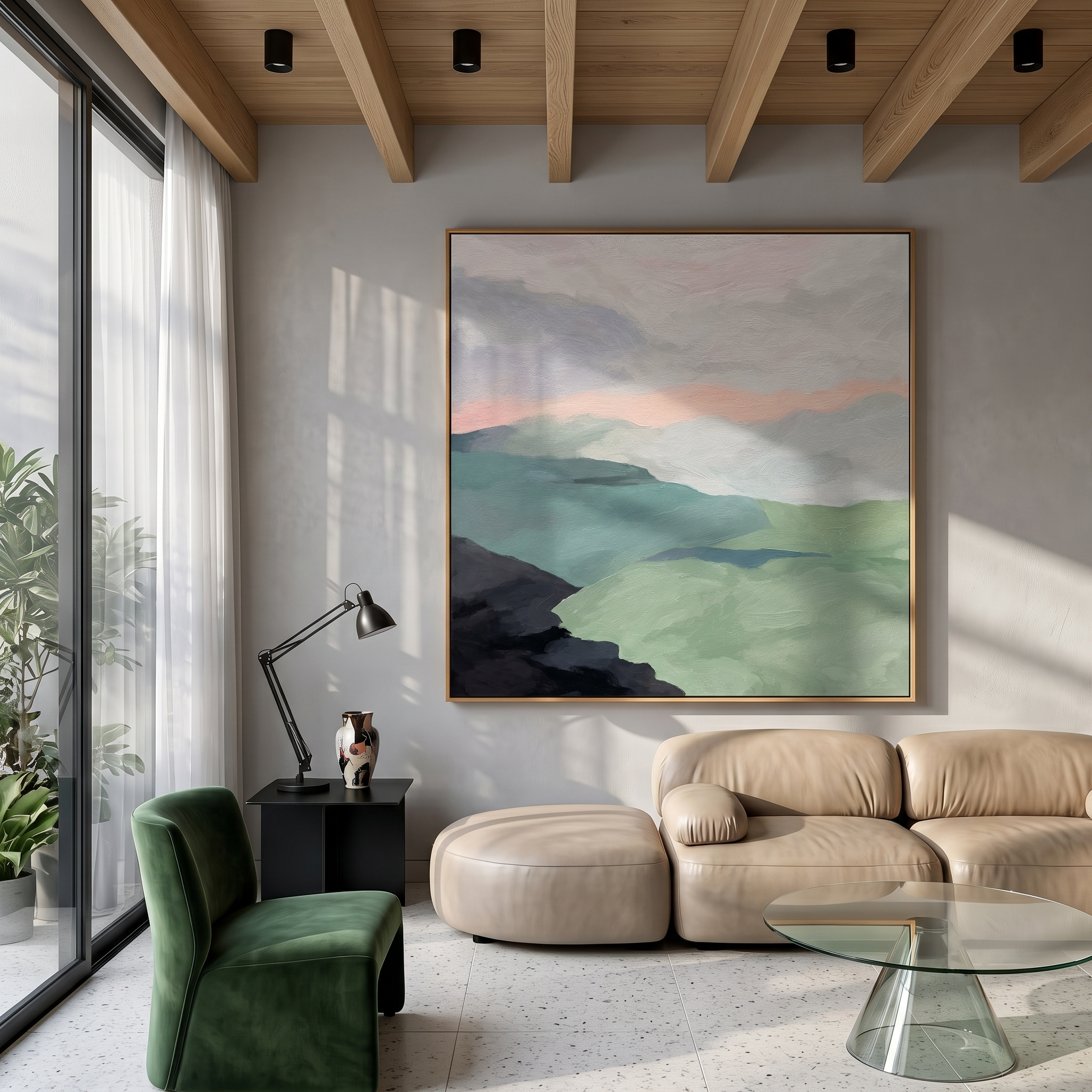 "Misty Pastel Mountain Ridges" – Modern Heavy Impasto Minimalist Landscape | 3D Sage Green & Blush Dusk Palette Knife Painting | Luxury Square Wall Art #PT 569