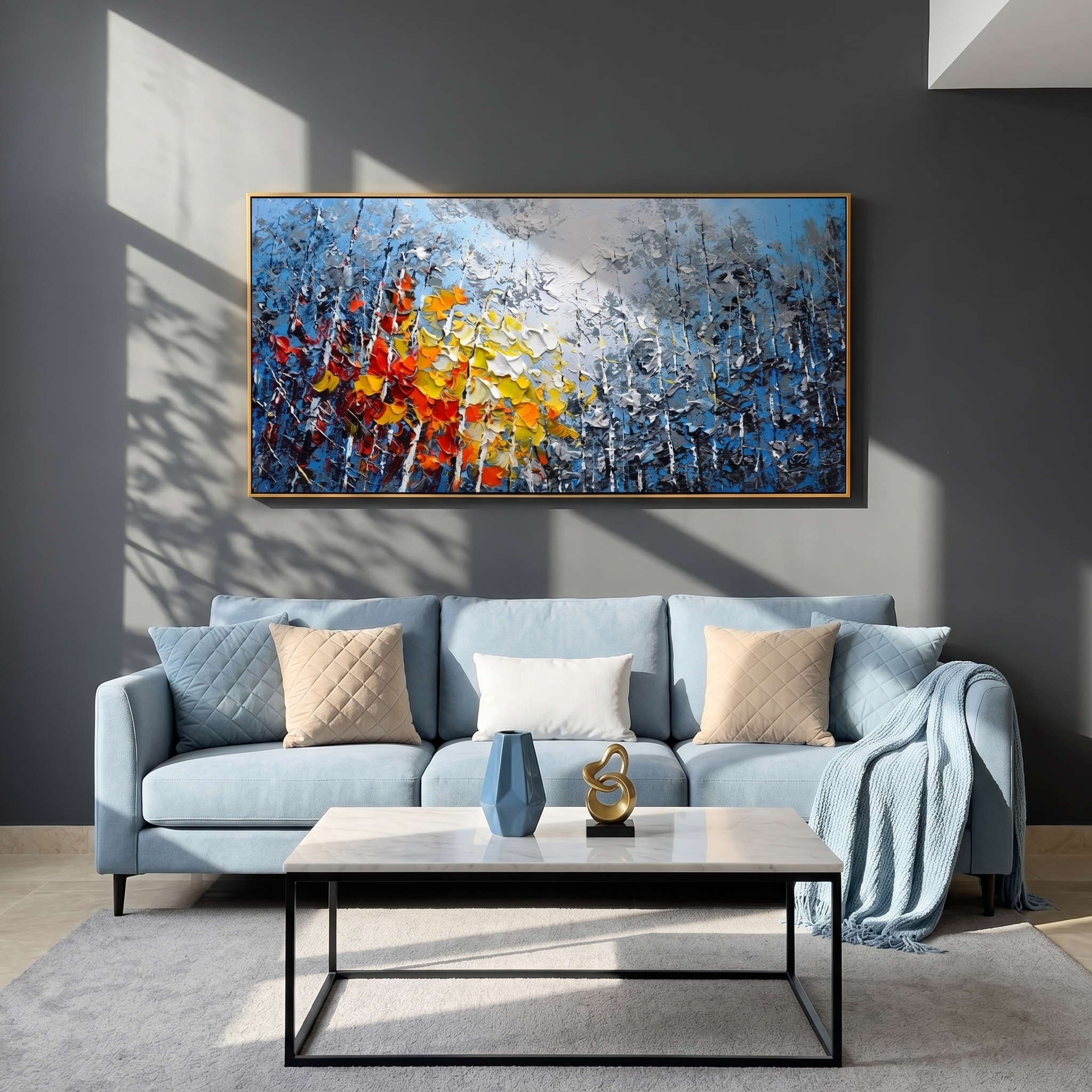 "Vivid Autumn Birch Grove" – Modern Heavy Impasto Impressionist Forest Landscape | 3D Cool Cerulean & Fiery Amber Palette Knife Painting | Luxury Horizontal Wall Art #PT 576