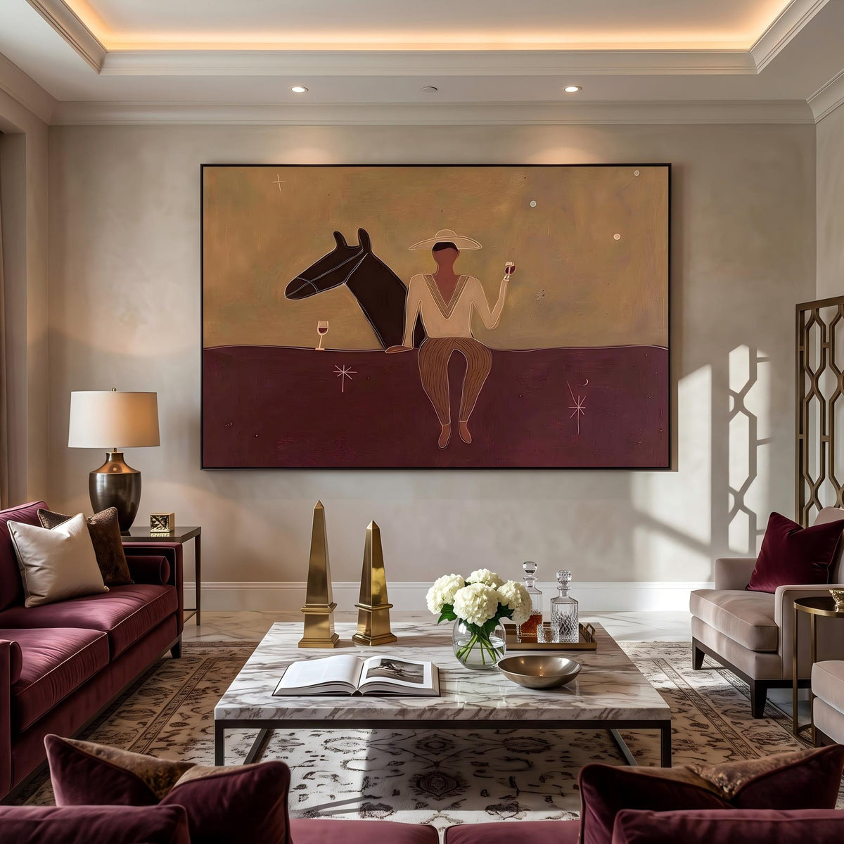 "Western Cowboy and Horse" - Modern Heavy Impasto Western Animal Artwork | Purple Palette Knife Painting | Luxury Horizontal Wall Art #PT 2636
