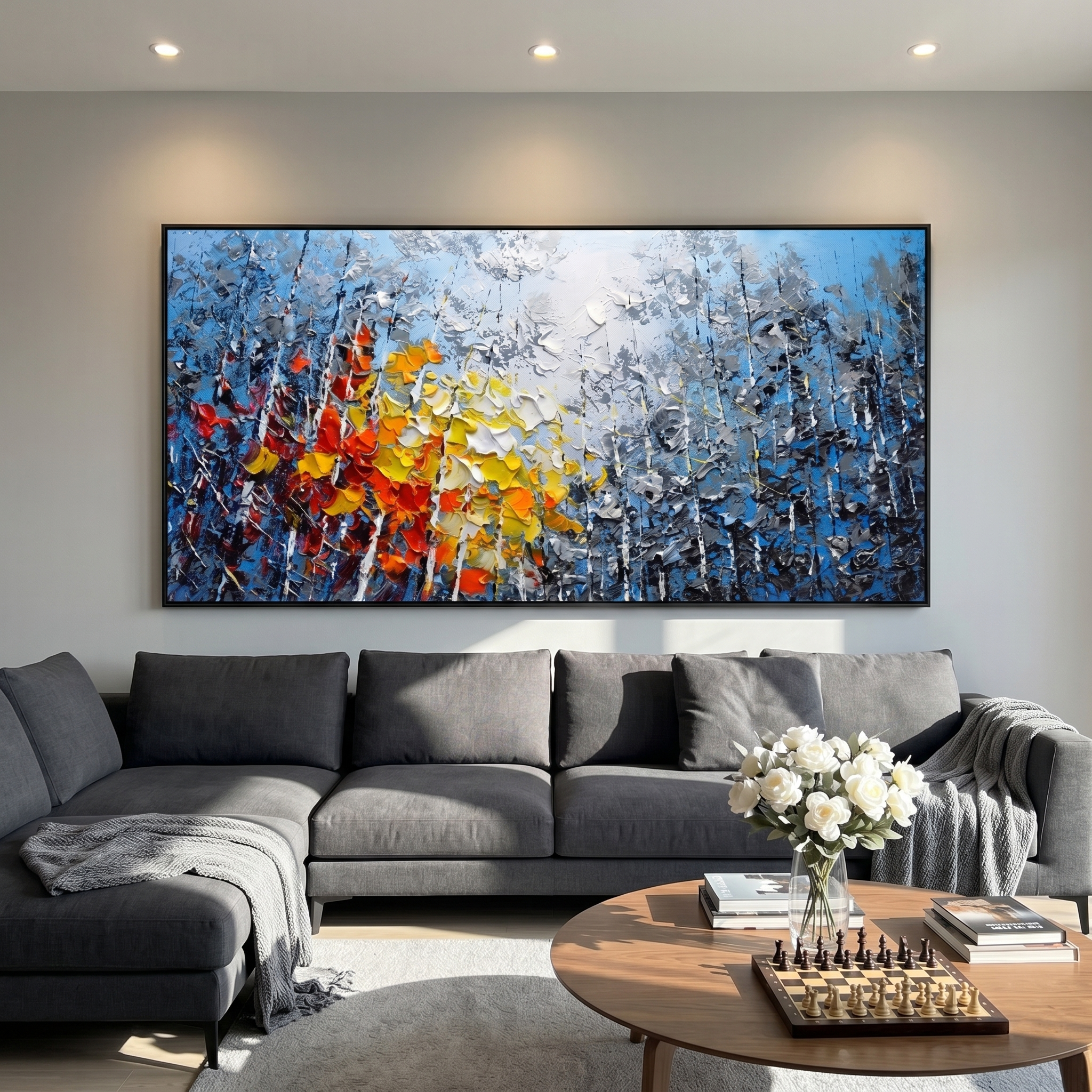 "Vivid Autumn Birch Grove" – Modern Heavy Impasto Impressionist Forest Landscape | 3D Cool Cerulean & Fiery Amber Palette Knife Painting | Luxury Horizontal Wall Art #PT 576