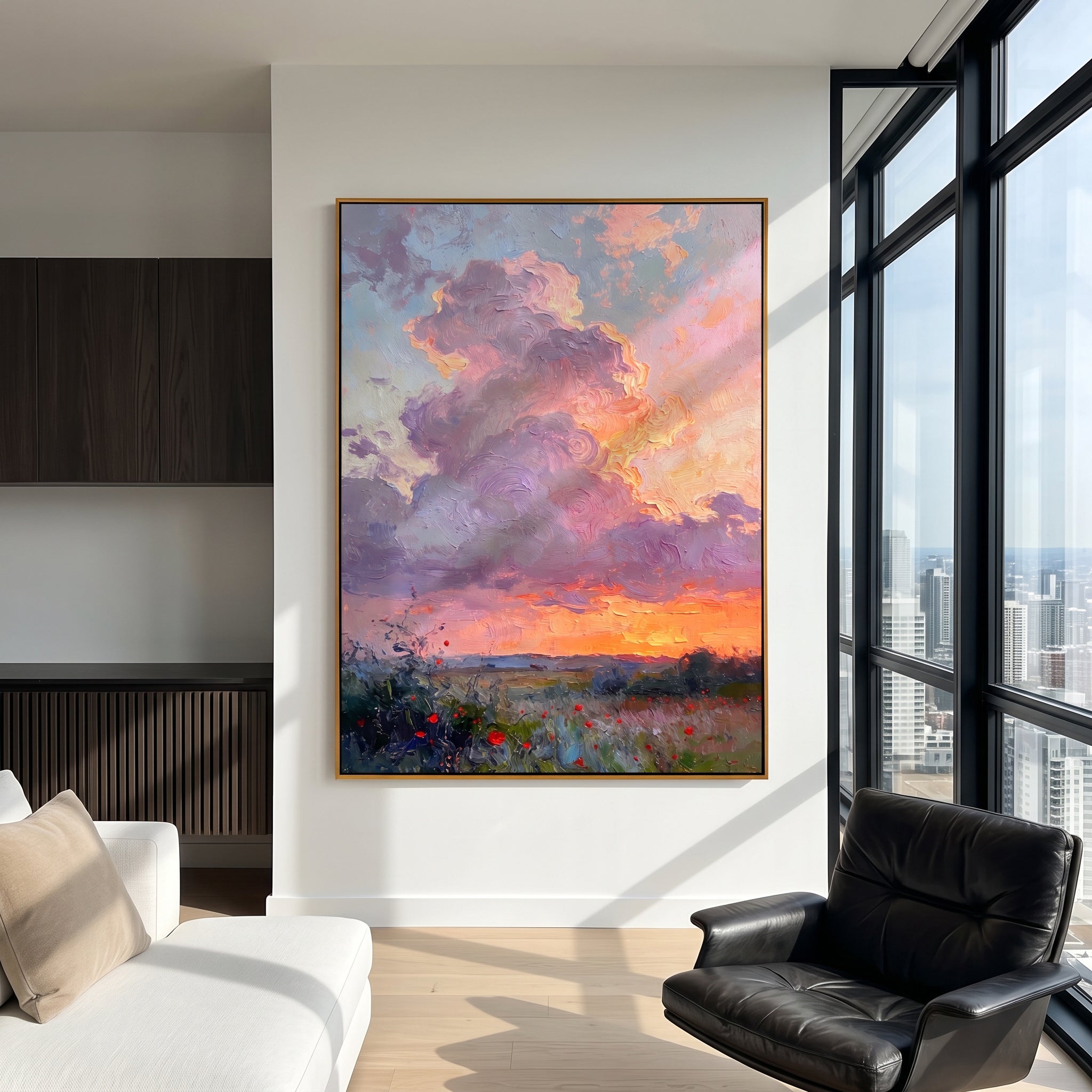 "Lavender Sunset Poppy Meadow" – Modern Heavy Impasto Impressionist Landscape | 3D Dusk Violet & Tangerine Glow Palette Knife Painting | Luxury Vertical Wall Art #PT 571