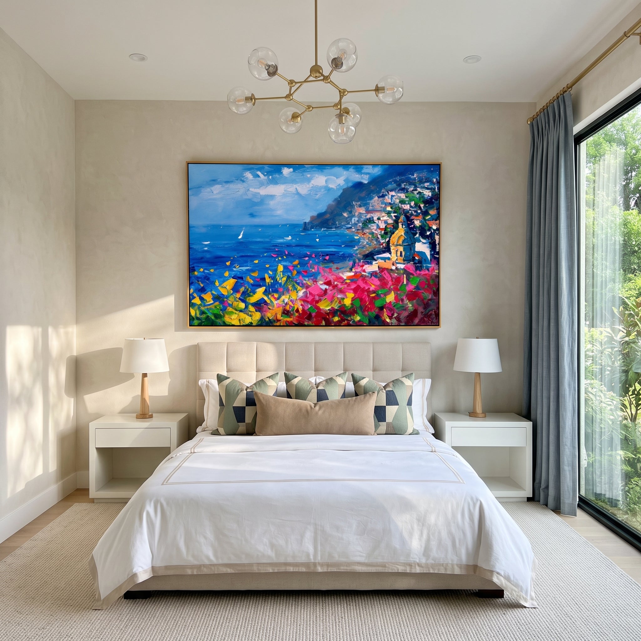 "Coastal Bloom Vista" - Colorful Mediterranean Seascape | Heavy Impasto Blue Ocean & Floral Palette Knife Painting | Luxury Horizontal Wall Art #PT 590
