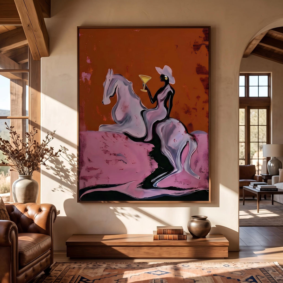"Cowgirl Martini Ride" - Modern Heavy Impasto Western Animal Artwork | Pink Palette Knife Painting | Luxury Vertical Wall Art #PT 2638