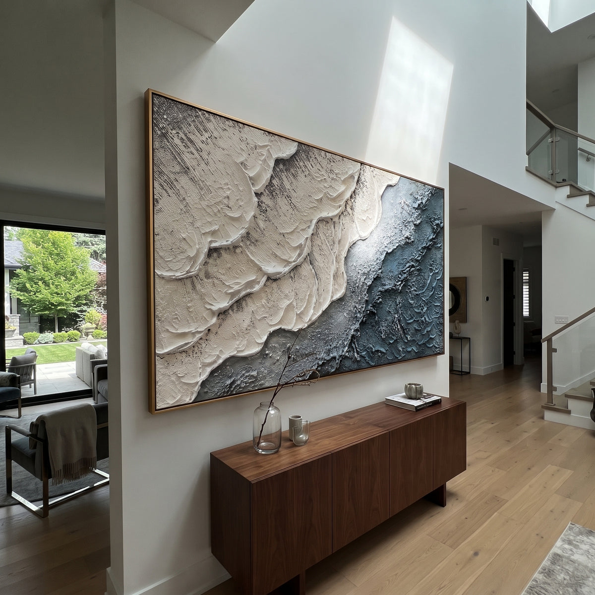 "Azure Modern Construct" is a 100% hand-painted geometric abstract created with professional oil and acrylic paints on high-quality canvas. Its blue & white palette and visible textured strokes give every piece authentic handmade variation and tactile depth.
