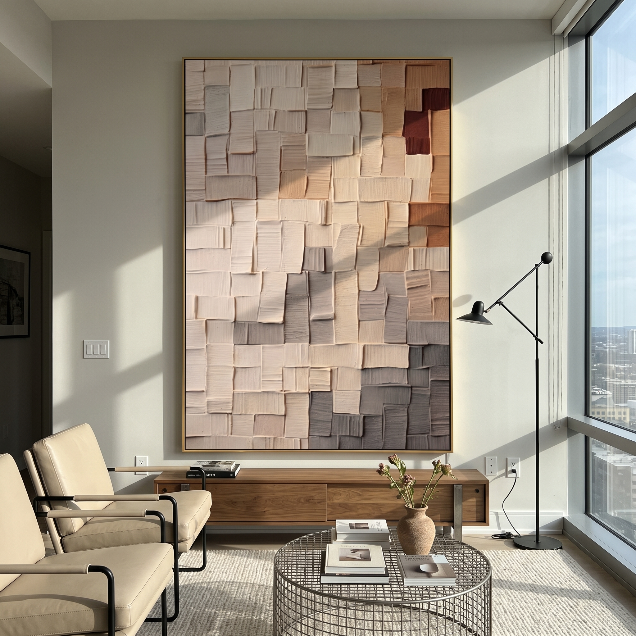"Gradient Woven Clay Tile Relief" – Modern Heavy Impasto Geometric Minimal Abstract | 3D Warm Taupe & Ash Grey Palette Knife Painting | Luxury Vertical Wall Art #PT 575