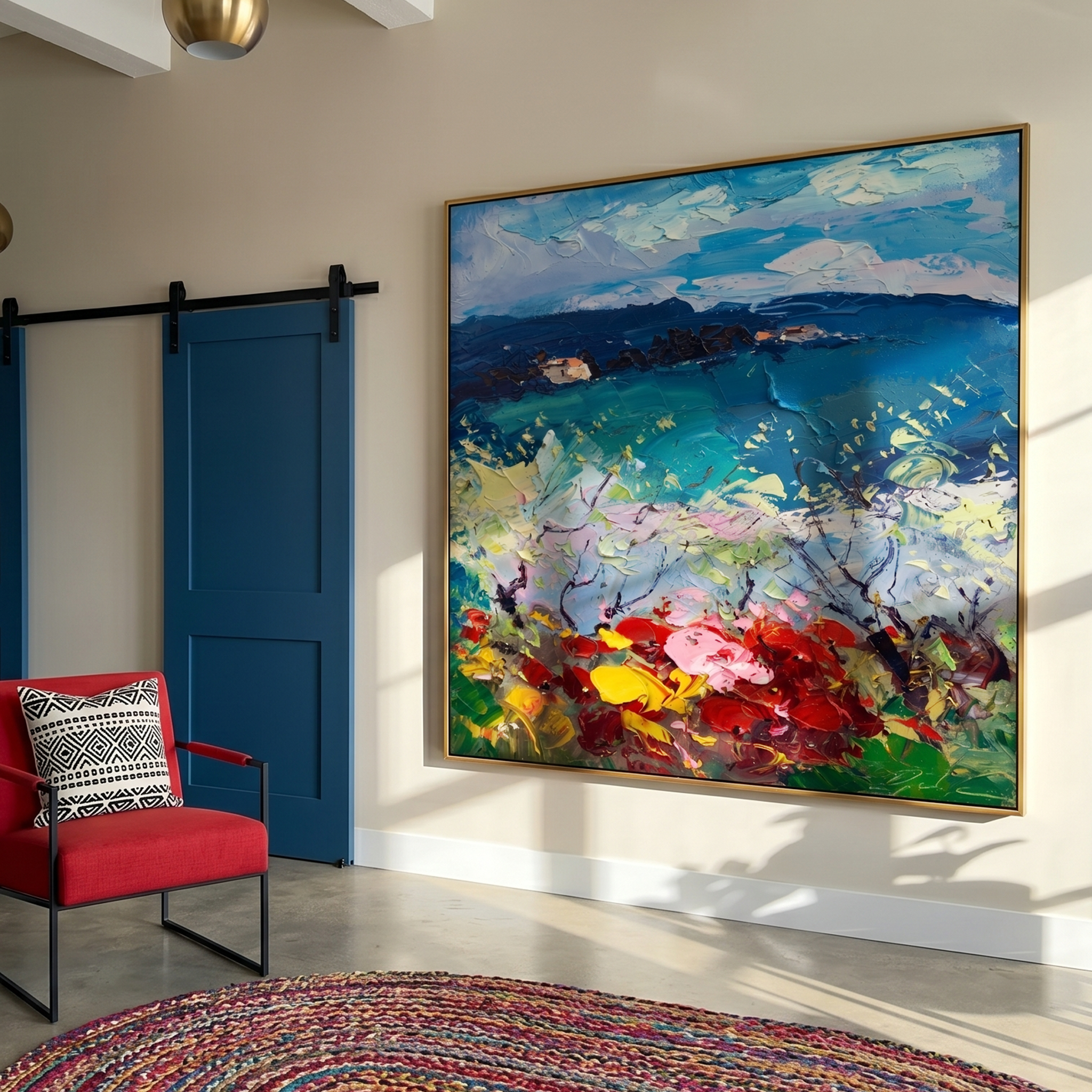 "Mediterranean Floral Vista" – Modern Heavy Impasto Impressionist Landscape | 3D Vivid Azure & Crimson Palette Knife Painting | Luxury Square Wall Art #PT 567