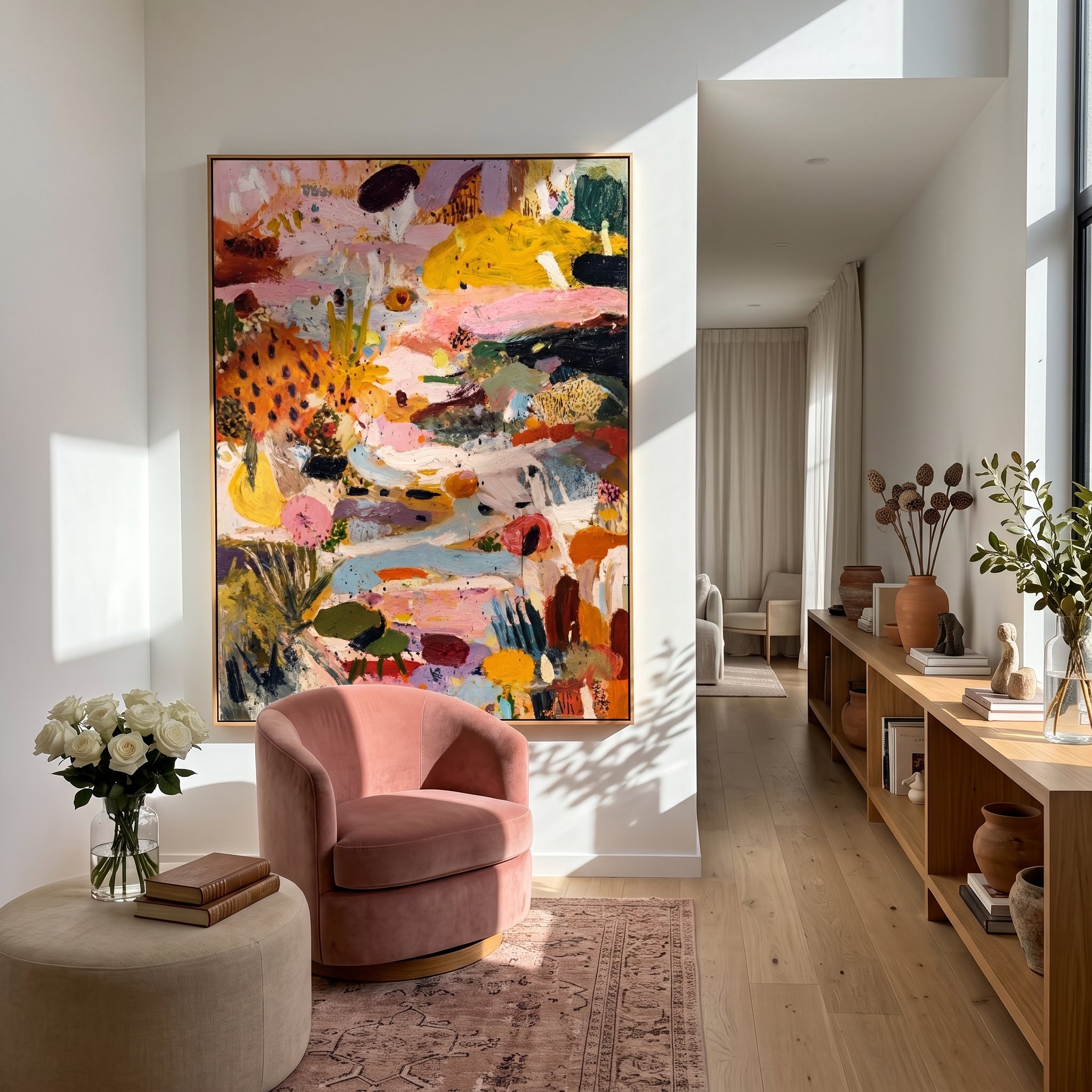 "Vibrant Wild Garden Abstract Chaos" – Modern Heavy Impasto Expressionist Floral Abstract | 3D Mustard Ochre & Blush Pink Palette Knife Painting | Luxury Vertical Wall Art #PT 572