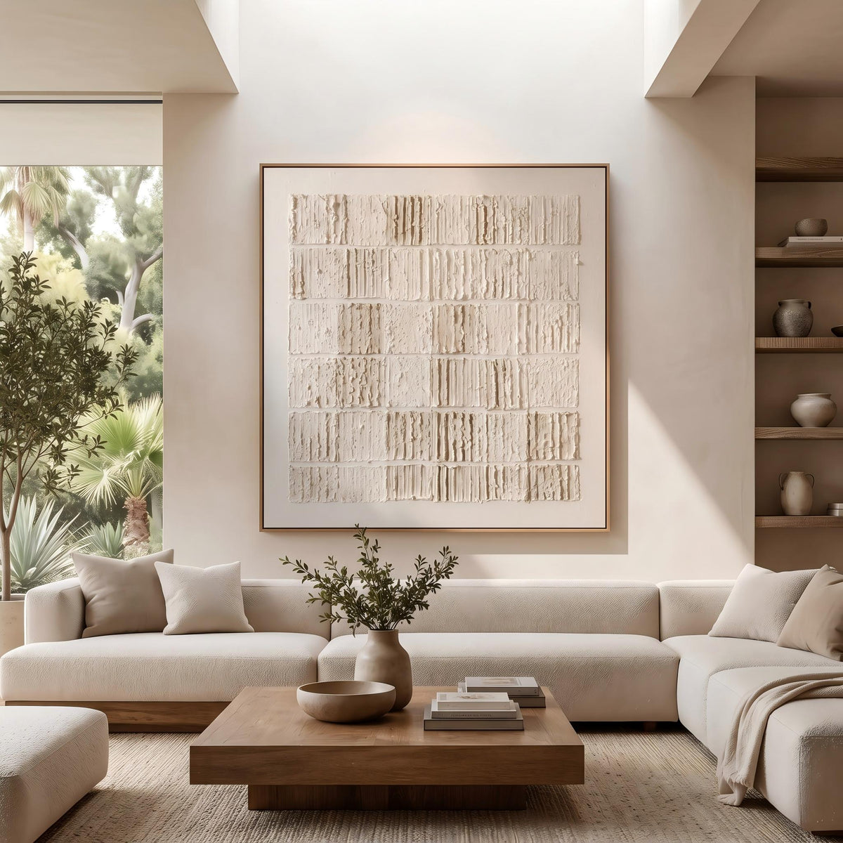 "Cream Block Relief Abstract" - Modern Heavy Impasto Abstract Artwork | White Palette Knife Painting | Luxury Square Wall Art #PT 2623