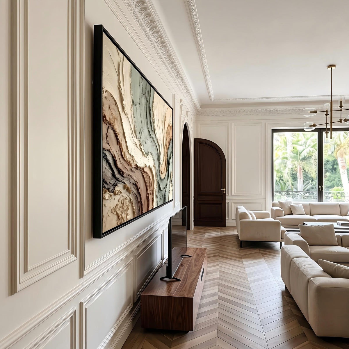 "Muted Green Brown Flow Textured Art" - Modern Heavy Impasto Abstract Artwork | Beige Palette Knife Painting | Luxury Horizontal Wall Art #PT 2603