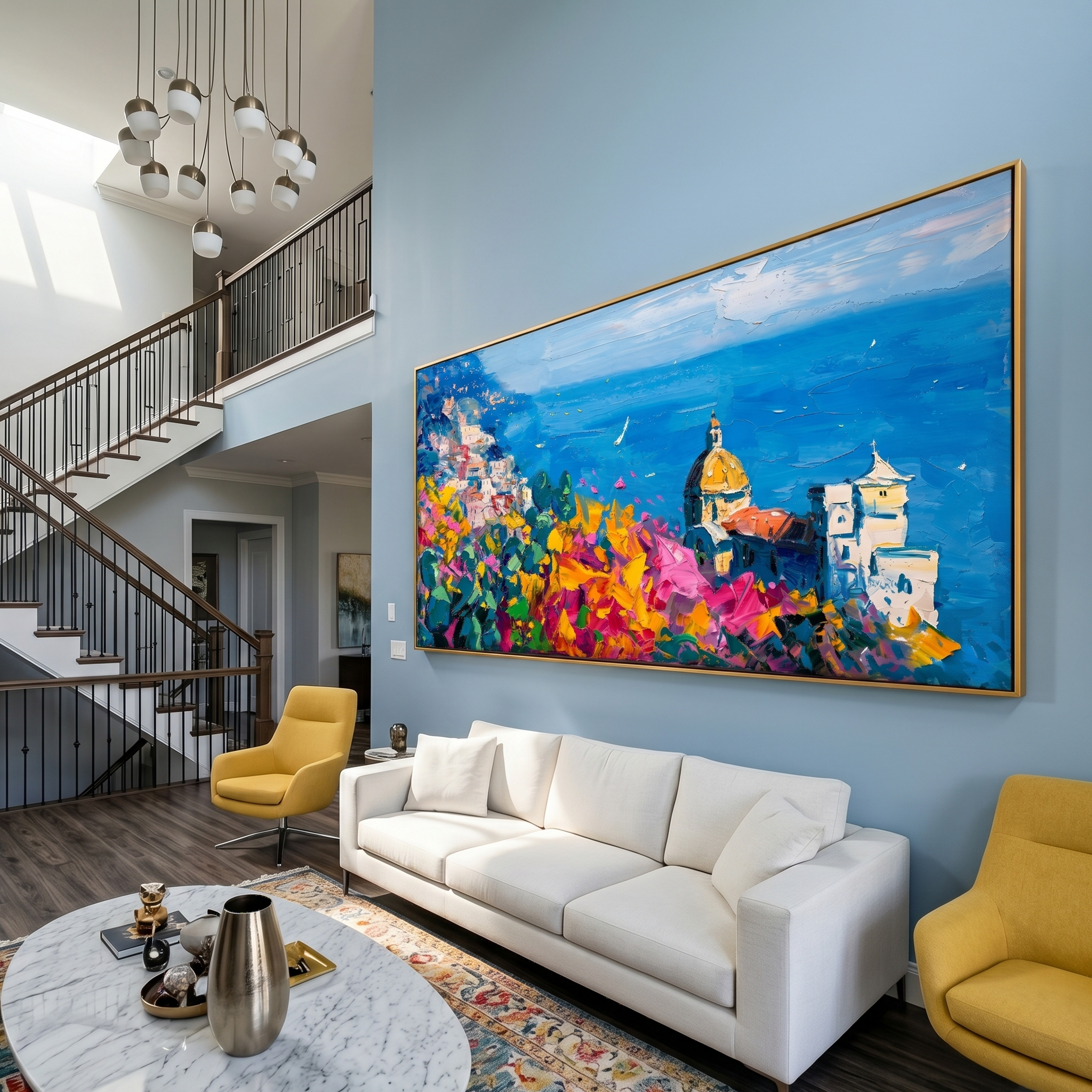 "Mediterranean Cliffside Floral Village" - Modern Heavy Impasto Coastal Landscape | 3D Azure Ocean & Fuchsia Floral Palette Knife Painting | Luxury Horizontal Wall Art #PT 581