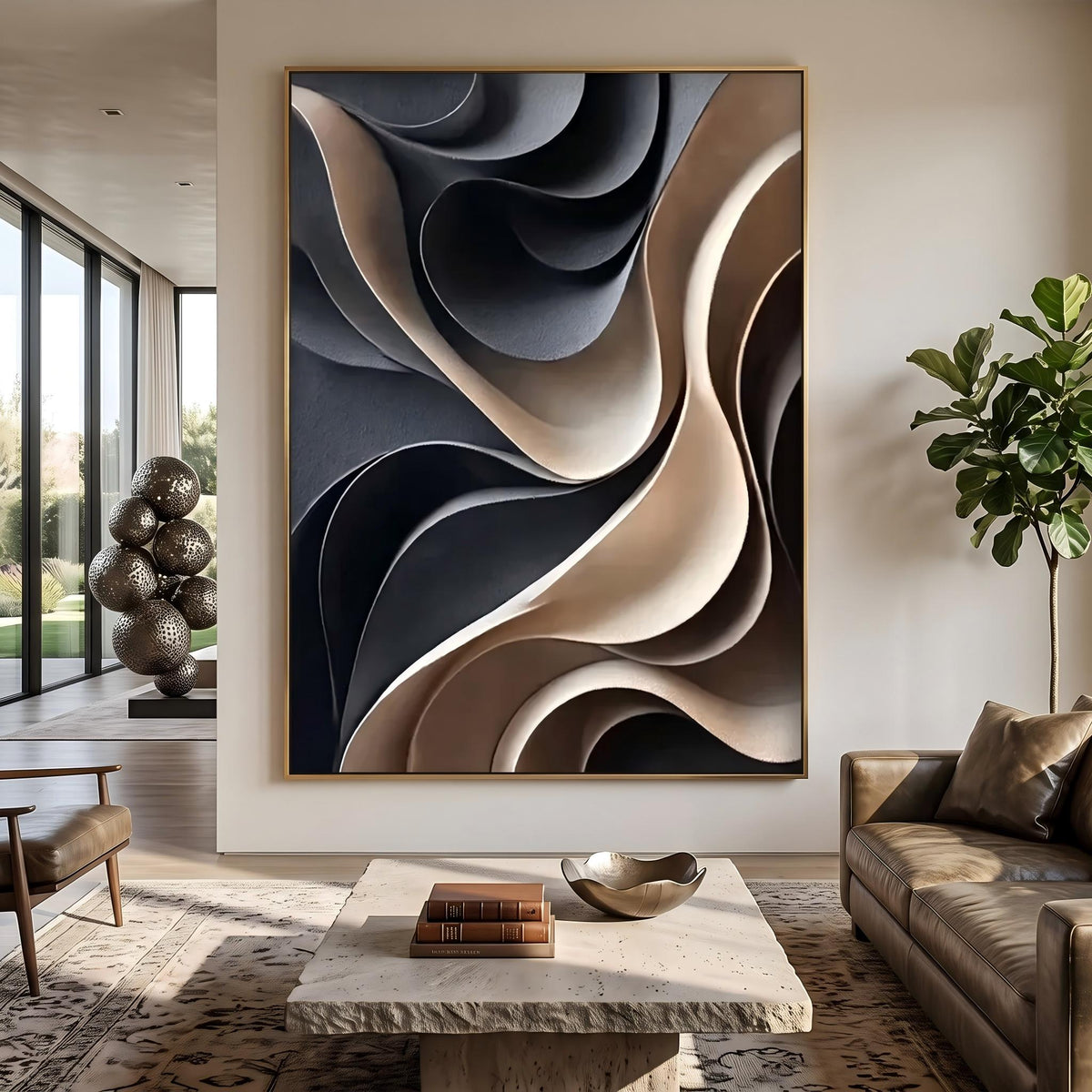 "Layered Wave" - Modern Heavy Impasto Ocean Wave Seascape | Beige Palette Knife Painting | Luxury Vertical Wall Art #PT 2630
