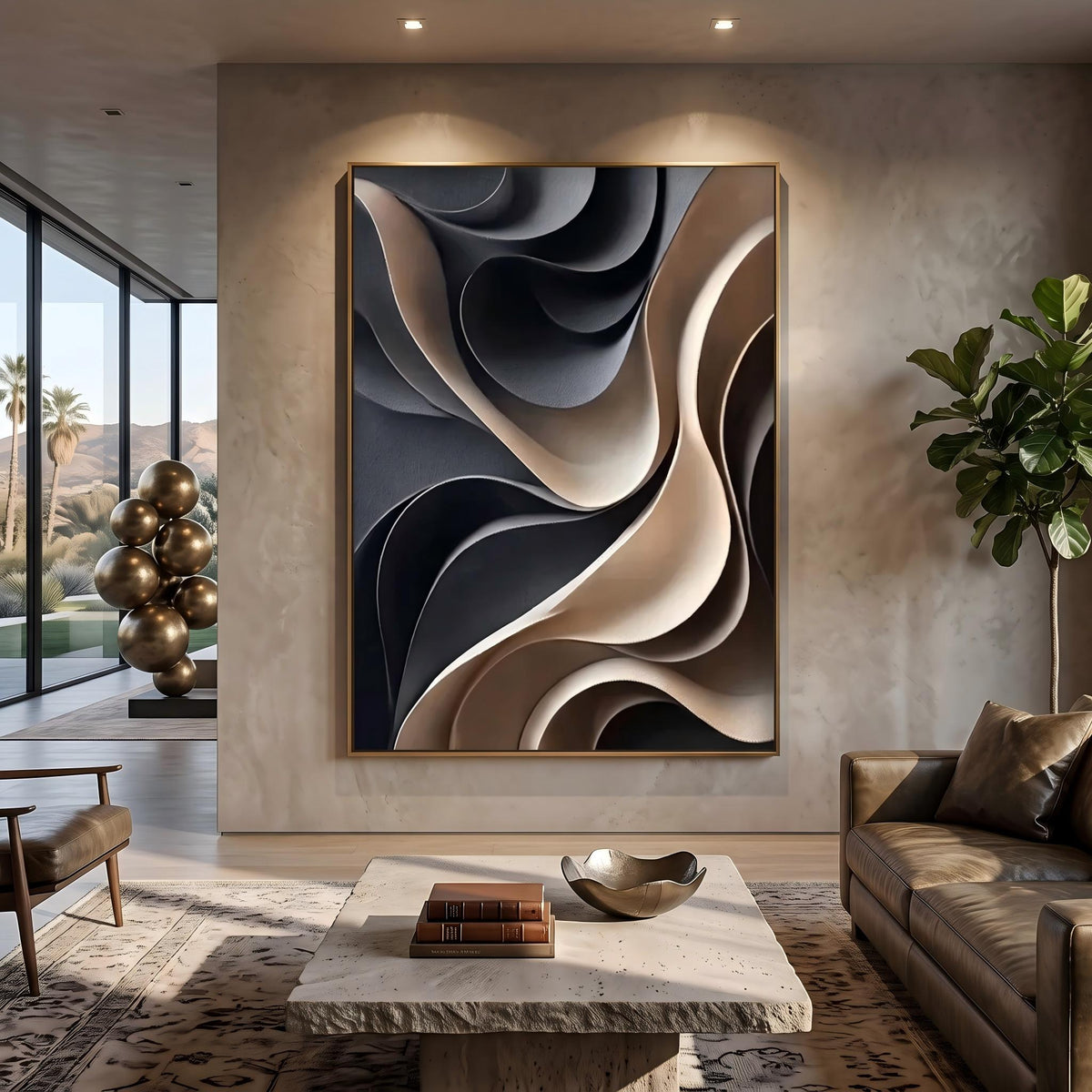 "Layered Wave" - Modern Heavy Impasto Ocean Wave Seascape | Beige Palette Knife Painting | Luxury Vertical Wall Art #PT 2630