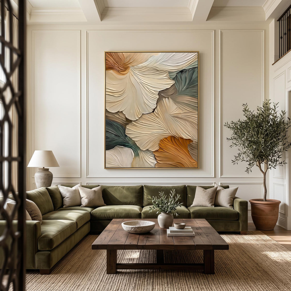 "Abstract Ginkgo Leaf" - Modern Heavy Impasto Botanical Tree Artwork | Beige Palette Knife Painting | Luxury Vertical Wall Art #PT 2615