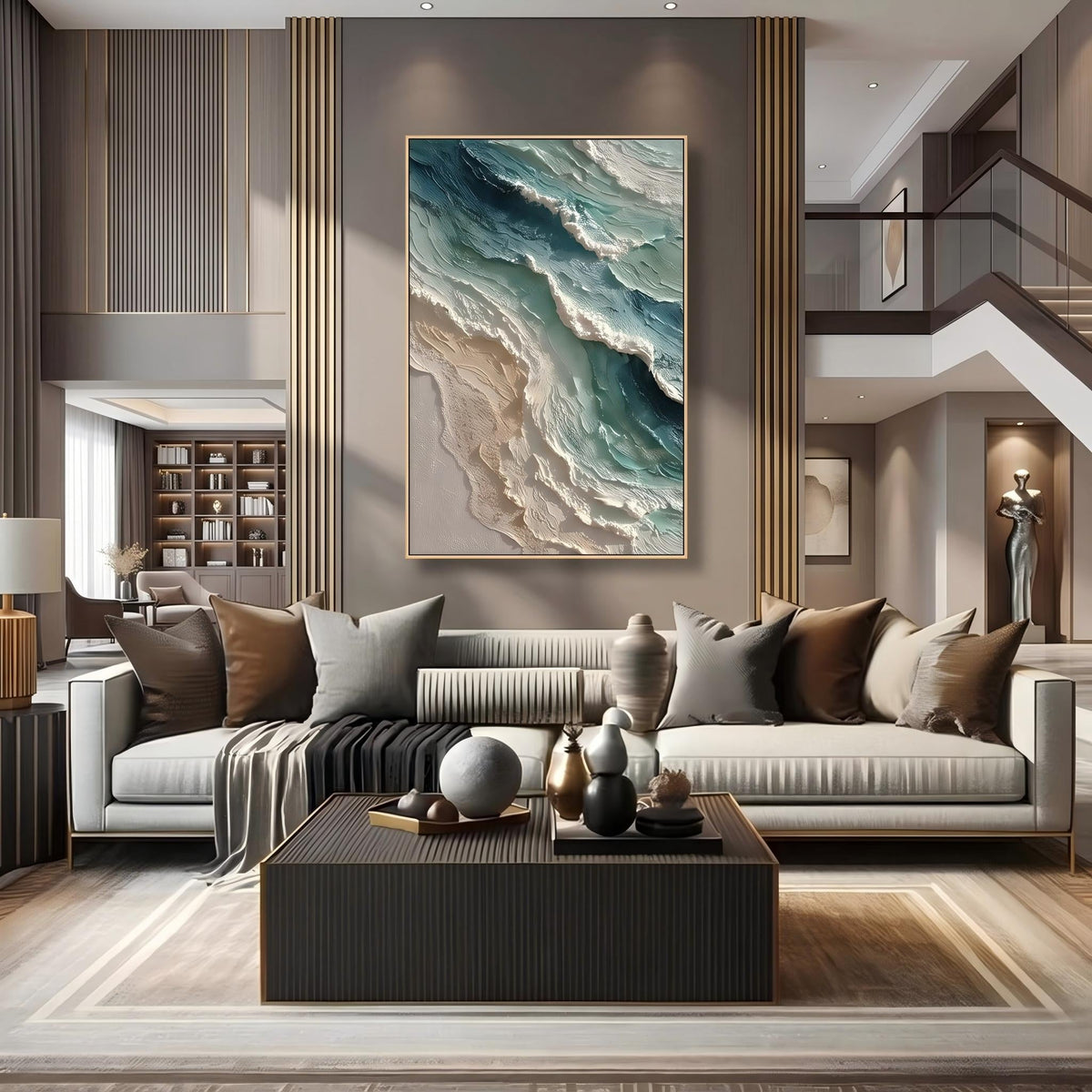 "Blue Green Coastal Wall" - Modern Heavy Impasto Coastal Landscape | Beige Palette Knife Painting | Luxury Vertical Wall Art #PT 2632