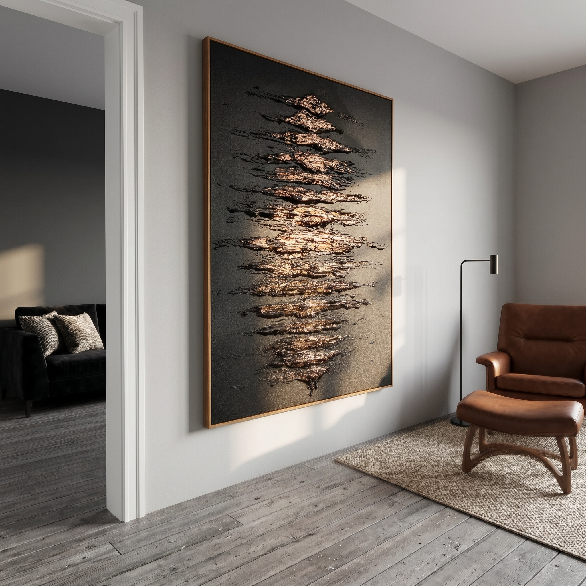 "Gilded Midnight Tide" - Modern Heavy Impasto Abstract Relief | 3D Matte Black & Metallic Gold Palette Knife Painting | Luxury Vertical Wall Art #WS 260