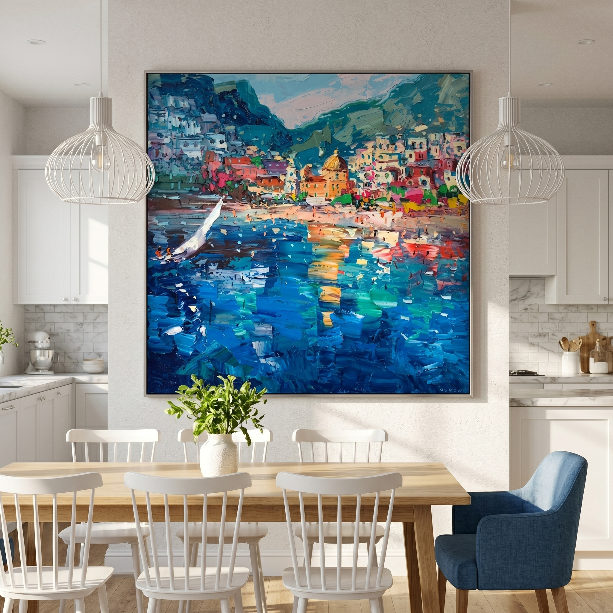 "Positano Bay Sailboat Reflections" - Modern Heavy Impasto Impressionist Coastal Townscape | 3D Deep Sapphire & Pastel Multicolor Palette Knife Painting | Luxury Square Wall Art #PT 583