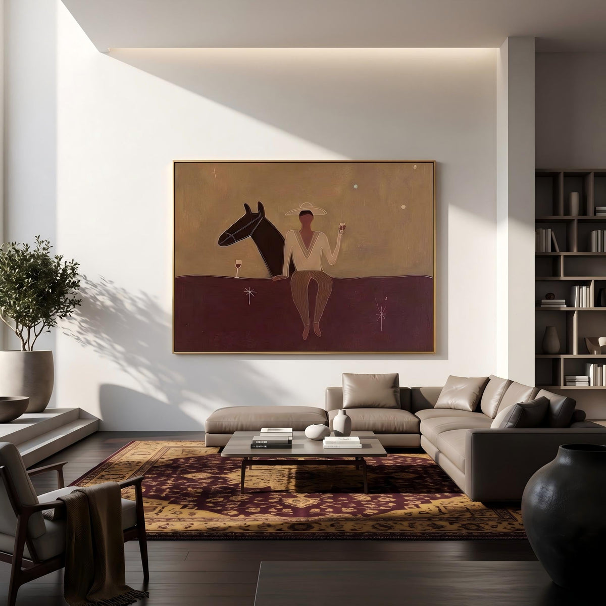 "Western Cowboy and Horse" - Modern Heavy Impasto Western Animal Artwork | Purple Palette Knife Painting | Luxury Horizontal Wall Art #PT 2636