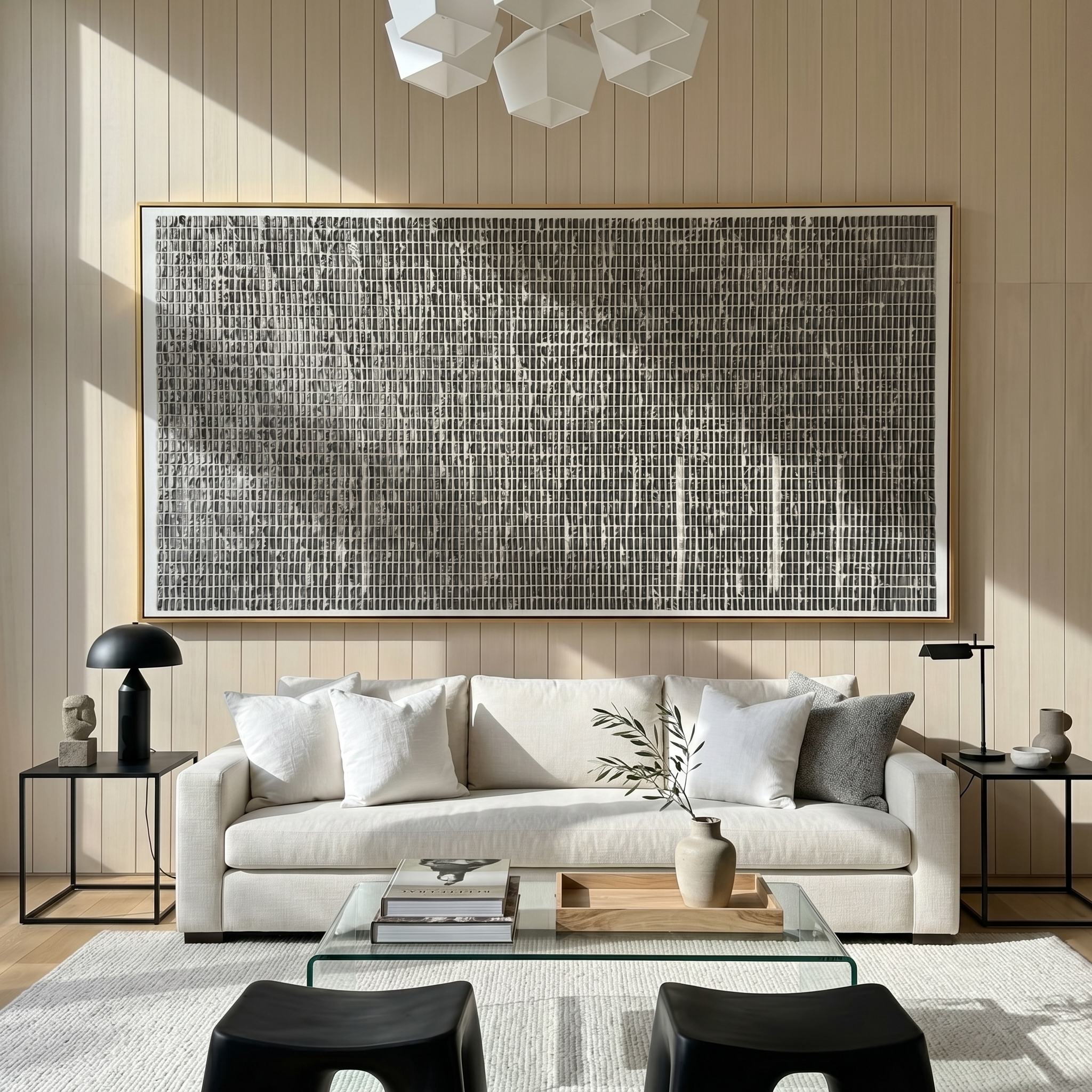 "Monochrome Grid Textured Relief" – Modern Heavy Impasto Minimal Geometric Abstract | 3D Charcoal Grey & Off-White Palette Knife Painting | Luxury Horizontal Wall Art #PT 577