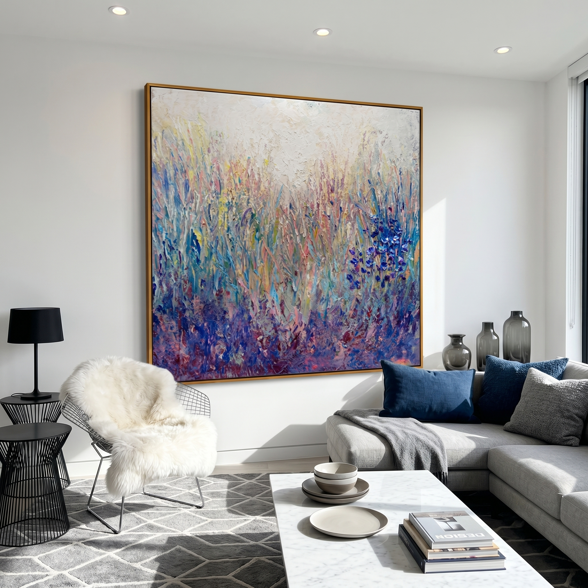 "Lavender Wildflower Meadow" - Modern Heavy Impasto Floral Abstract Landscape | 3D Violet Indigo & Soft Pastel Palette Knife Painting | Luxury Square Wall Art #PT 585