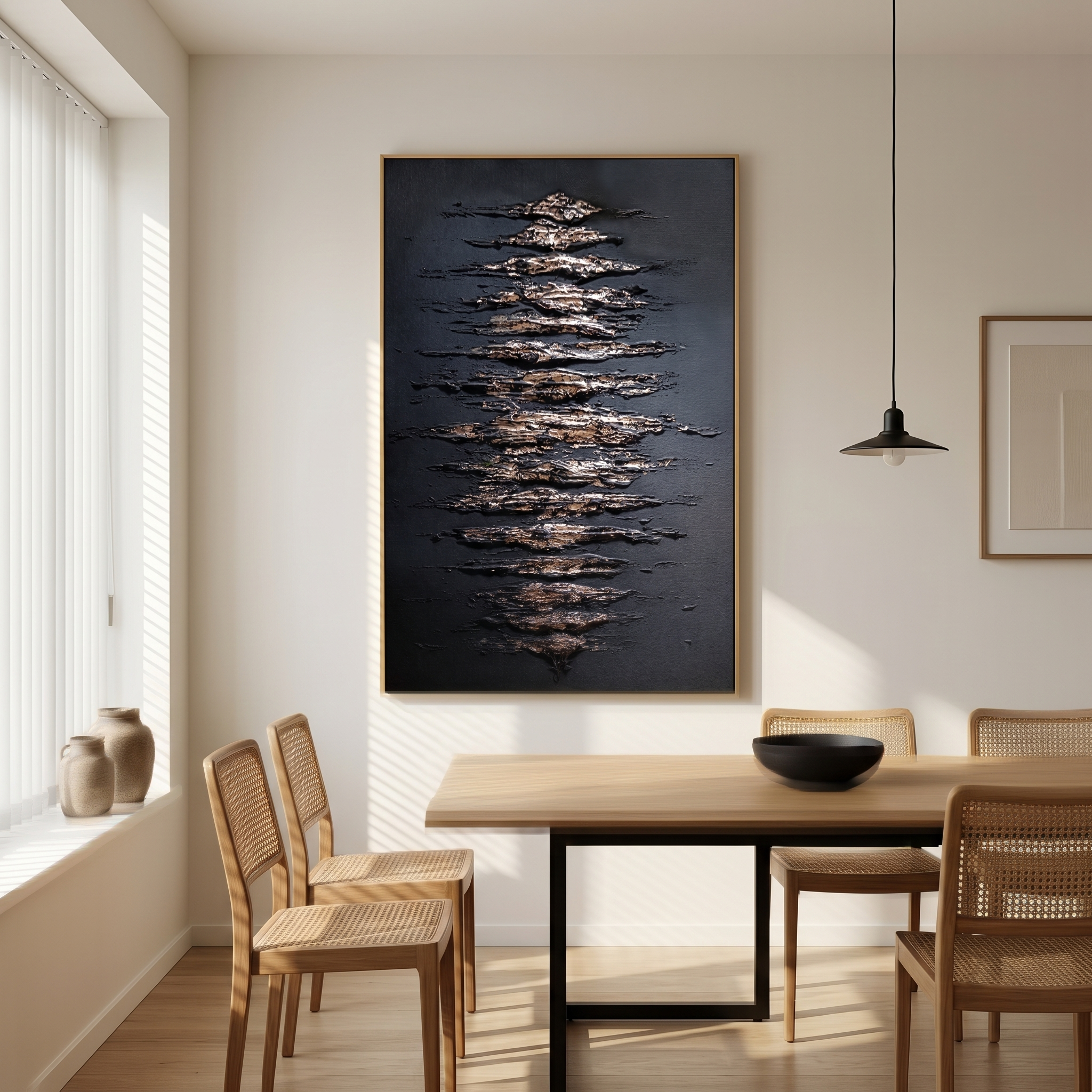 "Gilded Midnight Tide" - Modern Heavy Impasto Abstract Relief | 3D Matte Black & Metallic Gold Palette Knife Painting | Luxury Vertical Wall Art #WS 260