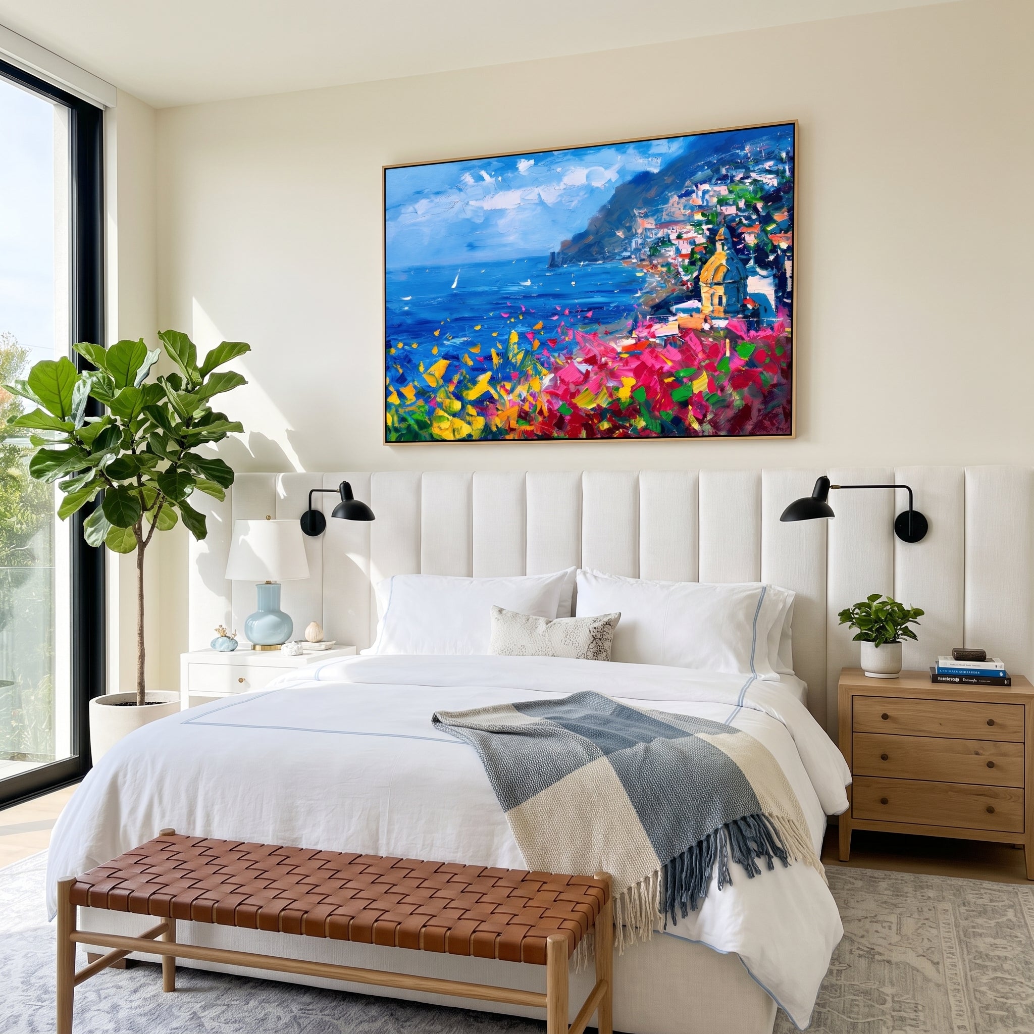 "Coastal Bloom Vista" - Colorful Mediterranean Seascape | Heavy Impasto Blue Ocean & Floral Palette Knife Painting | Luxury Horizontal Wall Art #PT 590