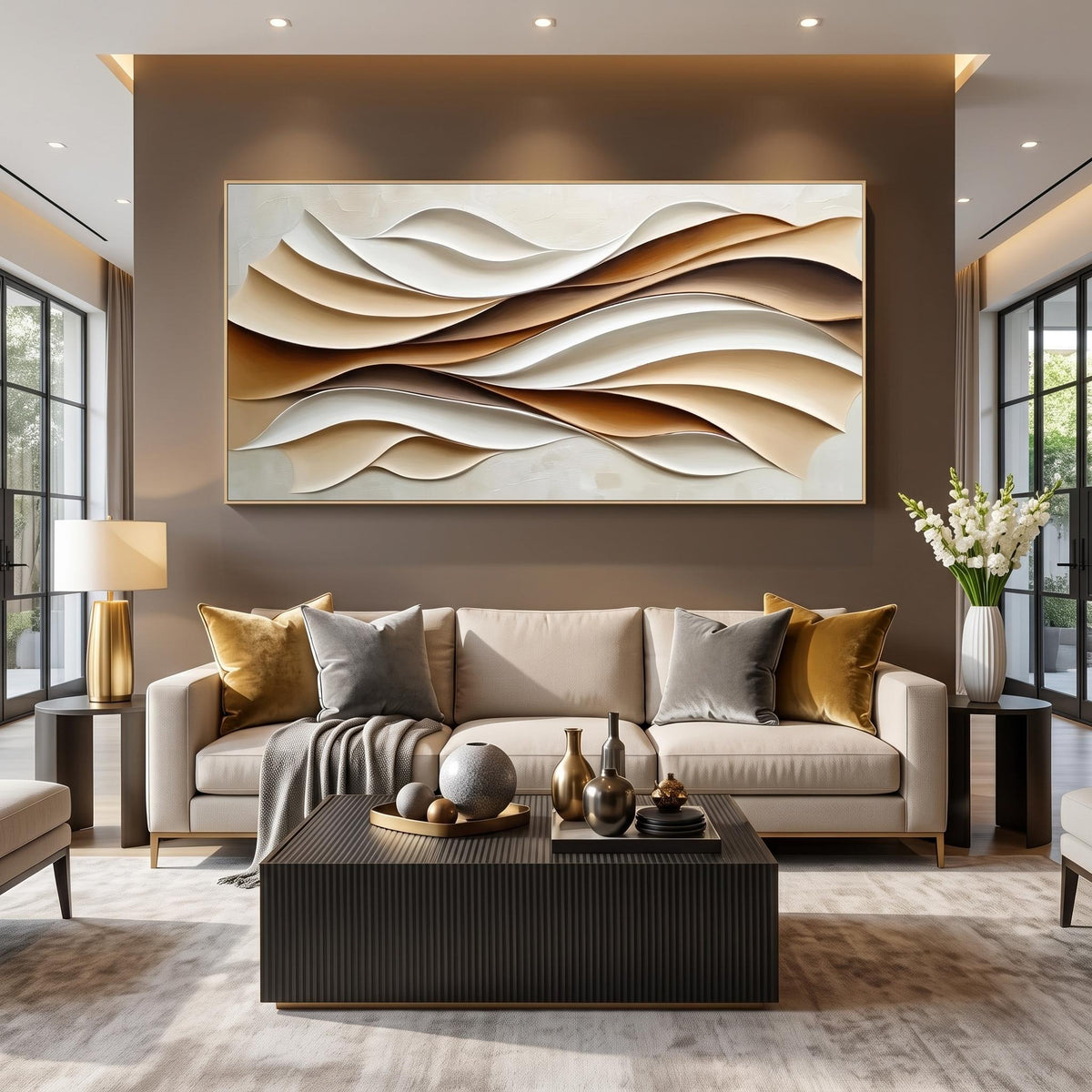 "Layered Wave" - Modern Heavy Impasto Ocean Wave Seascape | Beige Palette Knife Painting | Luxury Horizontal Wall Art #PT 2622