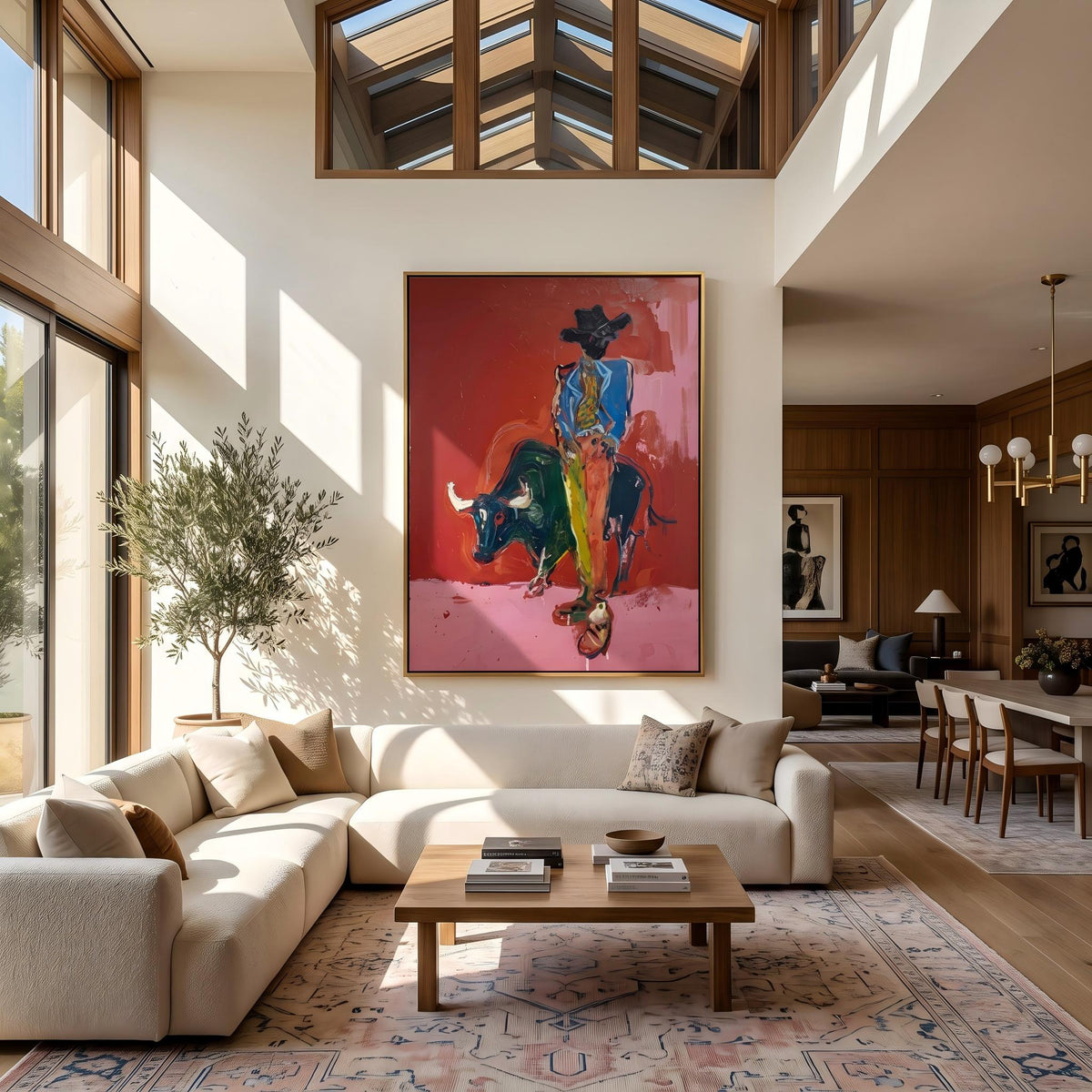 "Bullfighting Western Cowboy" - Modern Heavy Impasto Western Animal Artwork | Pink Palette Knife Painting | Luxury Vertical Wall Art #PT 2648
