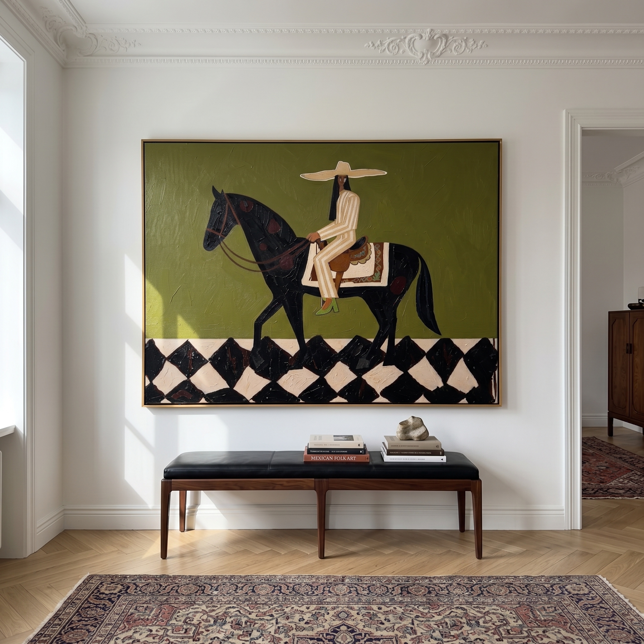 "Green Prairie Rider" - Modern Western Horse and Rider Art | Textured Green & Black Cowboy Canvas Painting | Luxury Horizontal Wall Art #PT 592