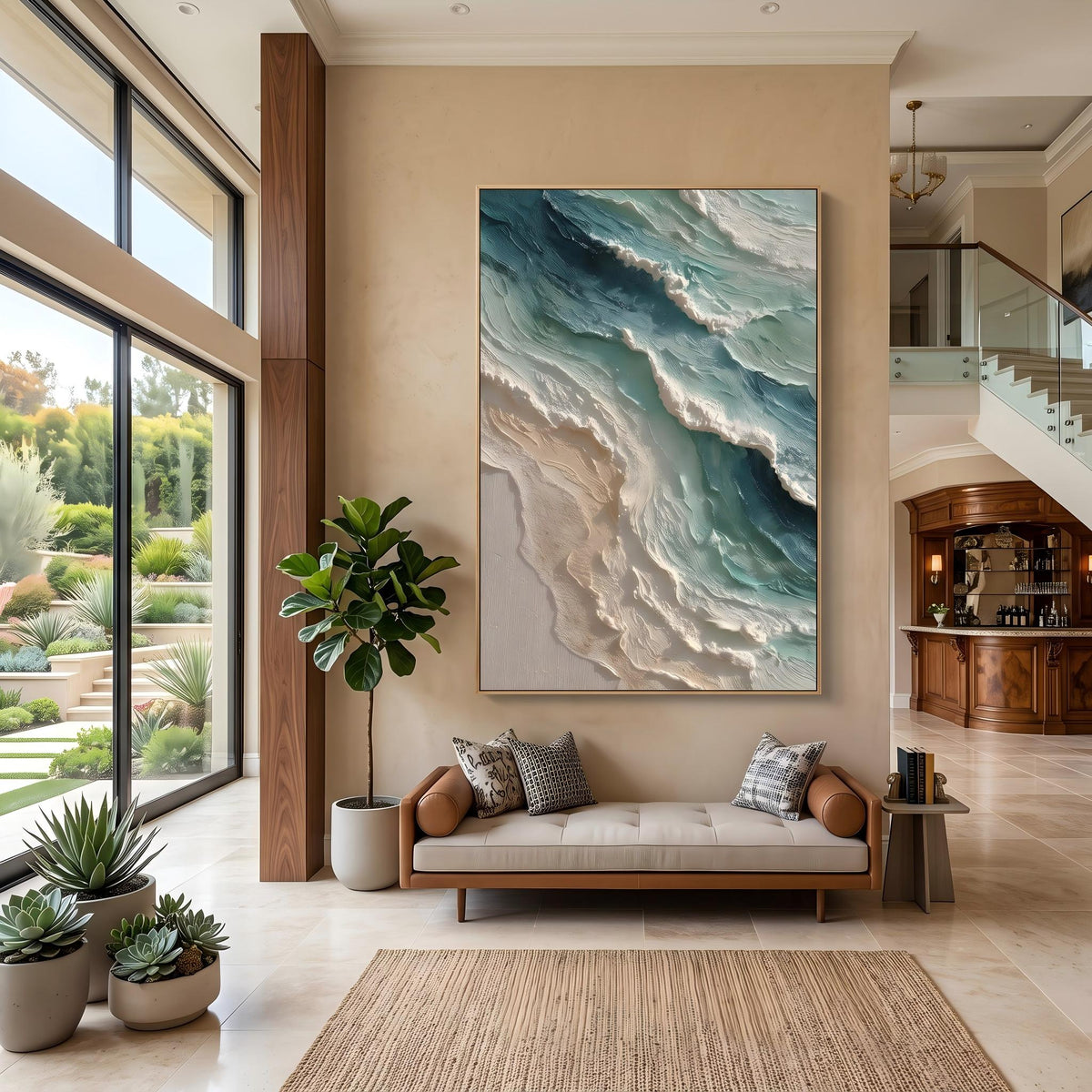 "Blue Green Coastal Wall" - Modern Heavy Impasto Coastal Landscape | Beige Palette Knife Painting | Luxury Vertical Wall Art #PT 2632