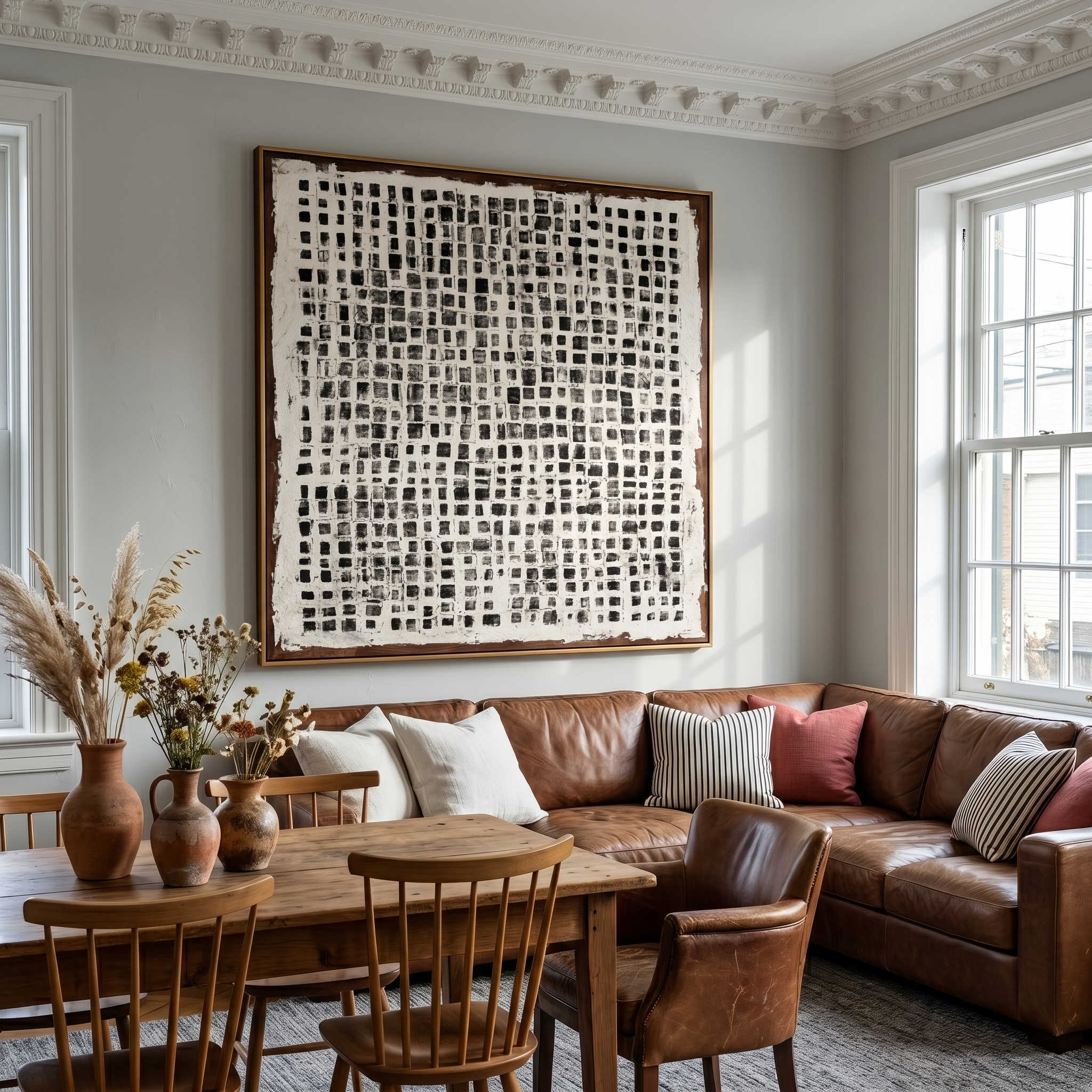 "Vintage Ink Grid" - Modern Heavy Impasto Minimal Geometric Art | 3D Charcoal Black & Off-White Palette Knife Painting | Luxury Square Wall Art #WS259