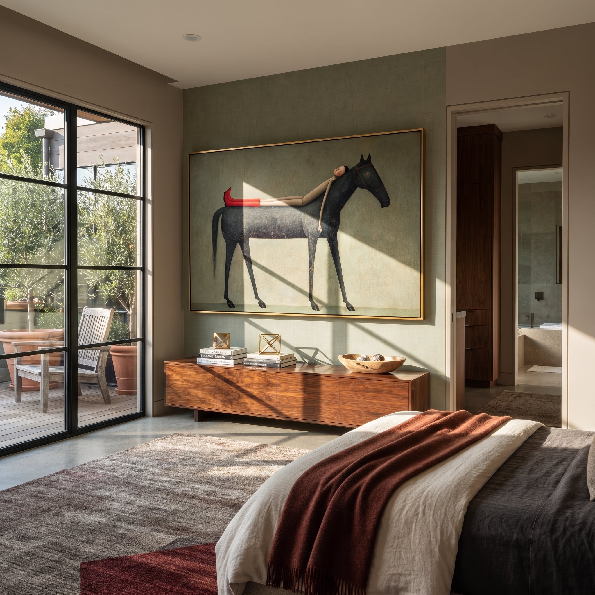"Resting Figure Upon Black Stallion" – Modern Folk Surreal Impasto Art | 3D Muted Sage & Scarlet Palette Knife Painting | Luxury Horizontal Wall Art #PT 641