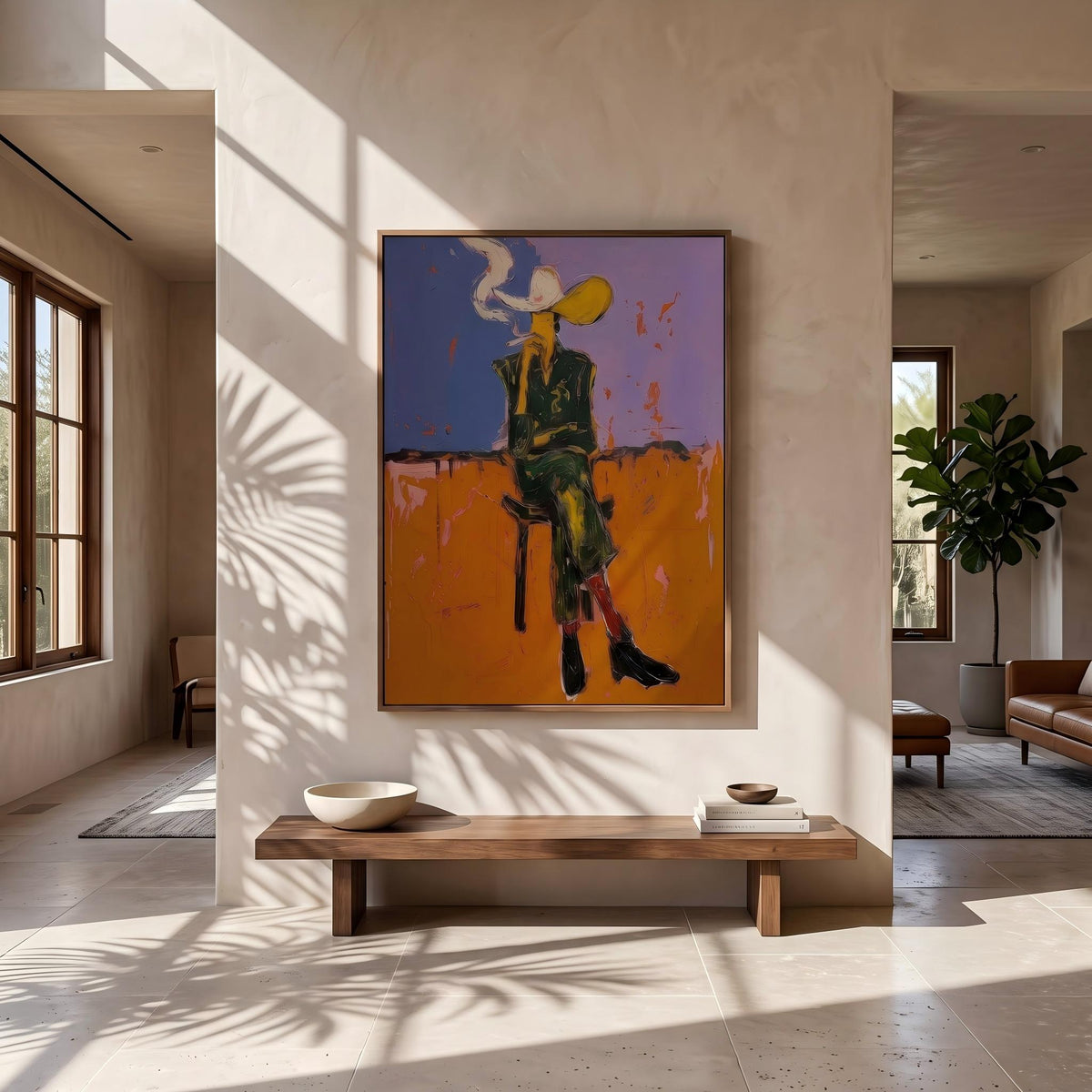 "Cigarettes Western Cowboy" - Modern Heavy Impasto Western Animal Artwork | Orange Palette Knife Painting | Luxury Vertical Wall Art #PT 2646