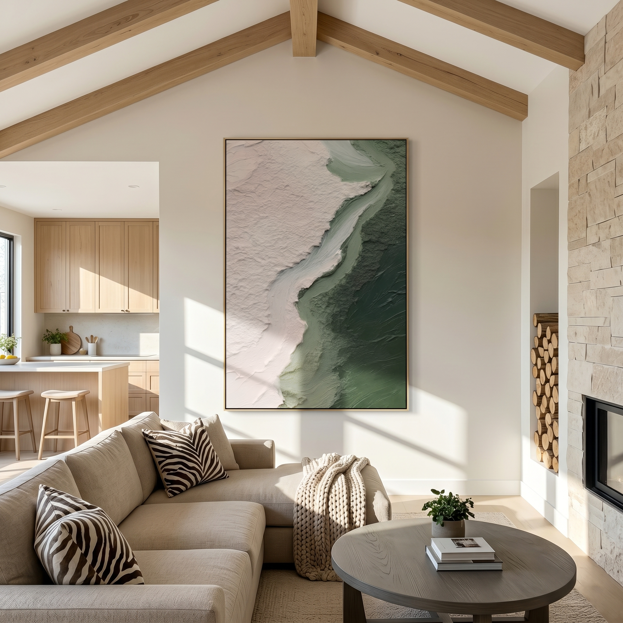 "Flowing Sage Wave Divide" – Modern Heavy Impasto Wabi‑Sabi Abstract | 3D Soft Blush Pink & Gradient Sage‑Green Palette Knife Painting | Luxury Vertical Wall Art #PT 596