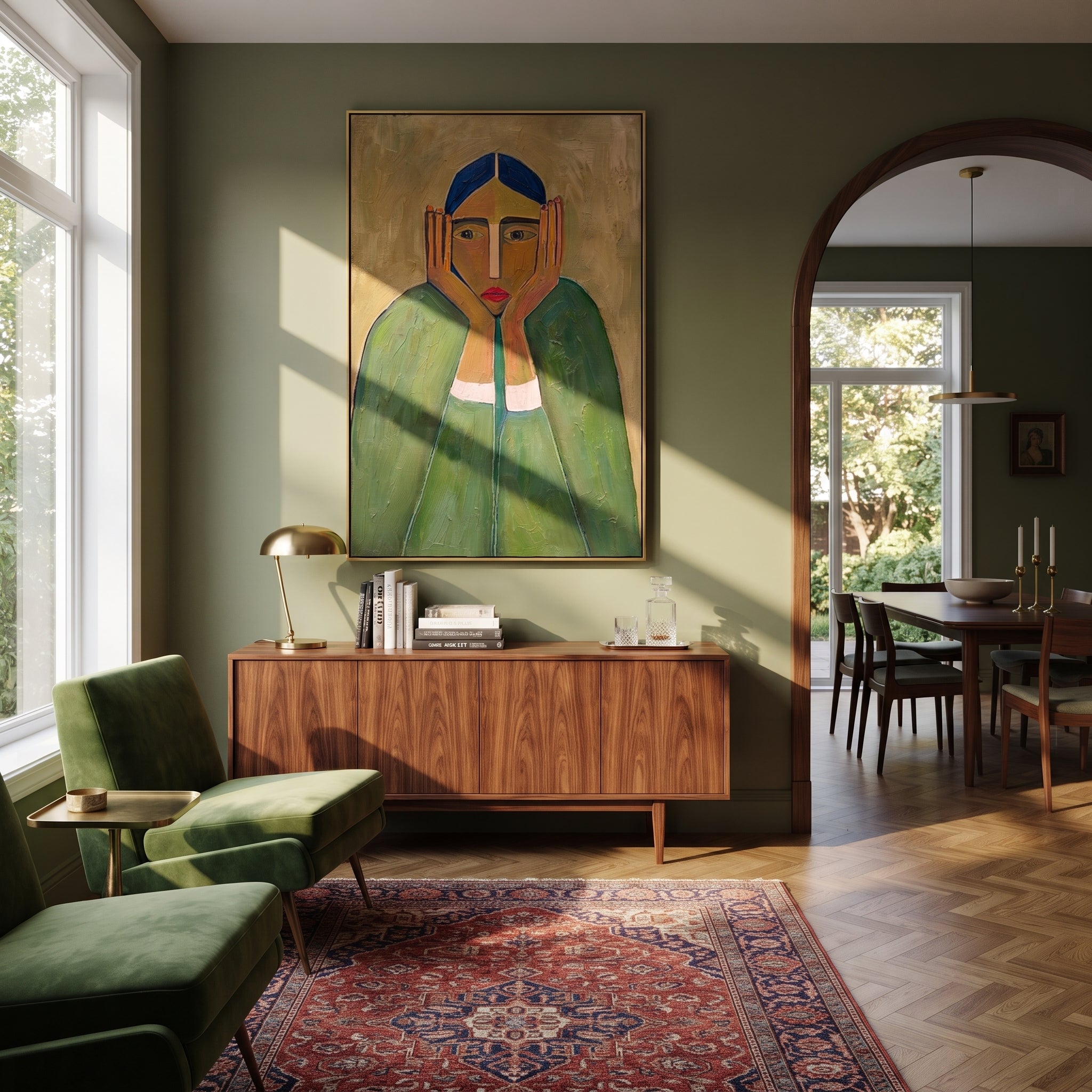 "Contemplative Primitive Lady Portrait" – Modern Heavy Impasto Figurative Art | 3D Olive & Emerald Palette Knife Painting | Luxury Vertical Wall Art #PT 639
