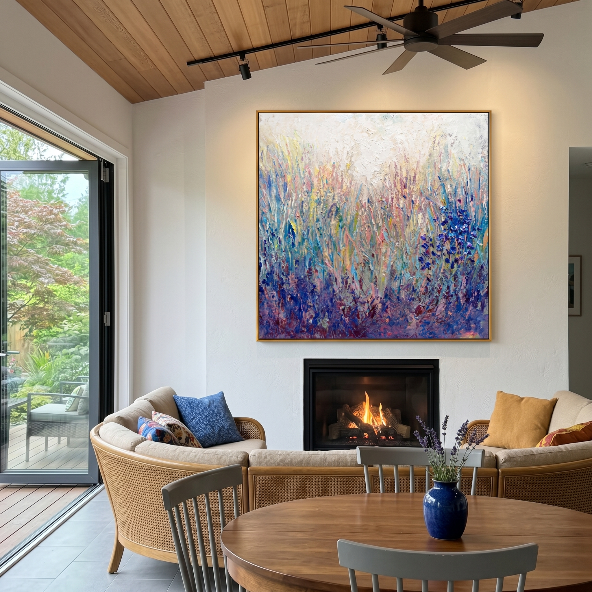 "Lavender Wildflower Meadow" - Modern Heavy Impasto Floral Abstract Landscape | 3D Violet Indigo & Soft Pastel Palette Knife Painting | Luxury Square Wall Art #PT 585