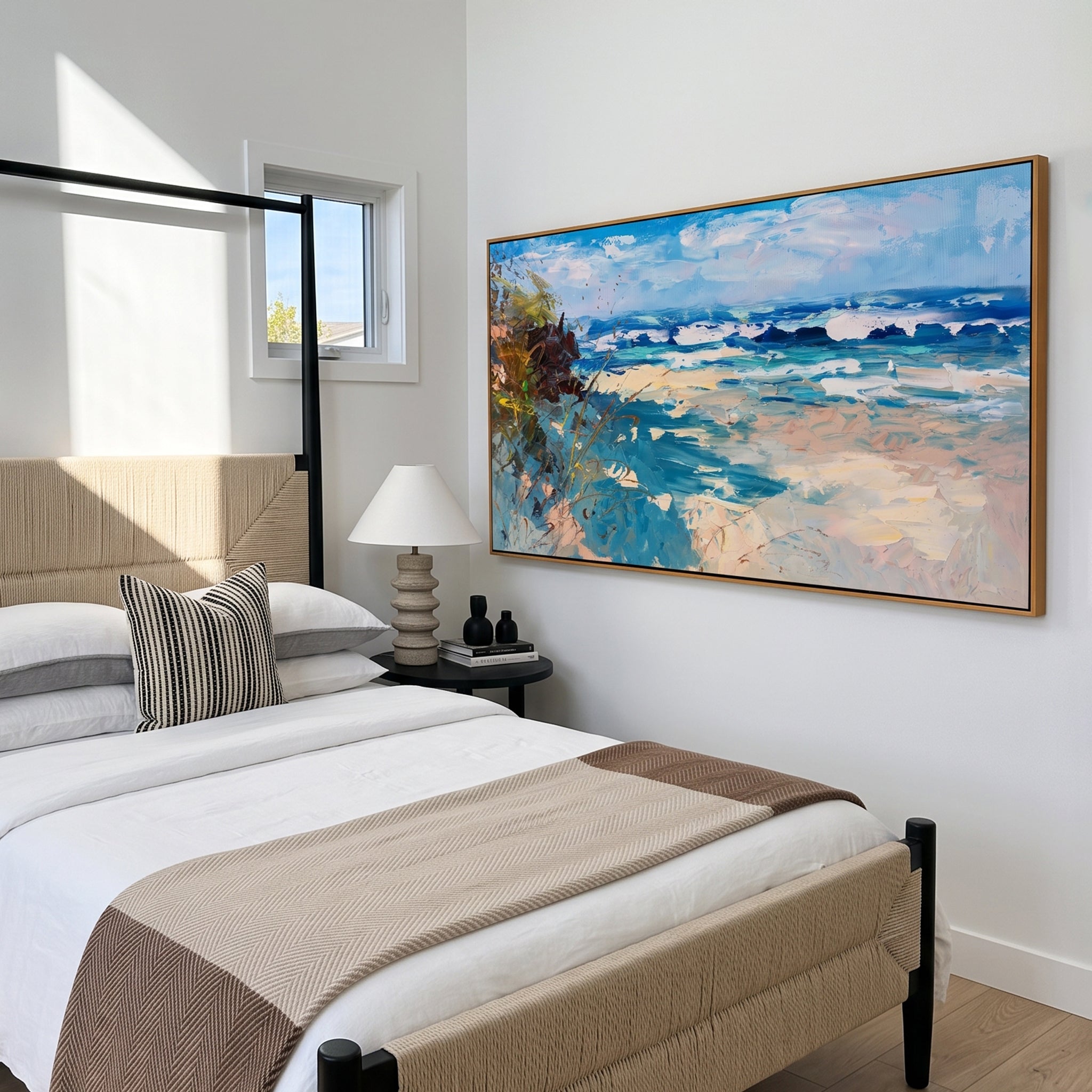 "Textured Dune Shore Ocean Waves" – Modern Heavy Impasto Impressionist Seascape | 3D Turquoise Aqua & Cream Sand Palette Knife Painting | Luxury Horizontal Wall Art #PT 578
