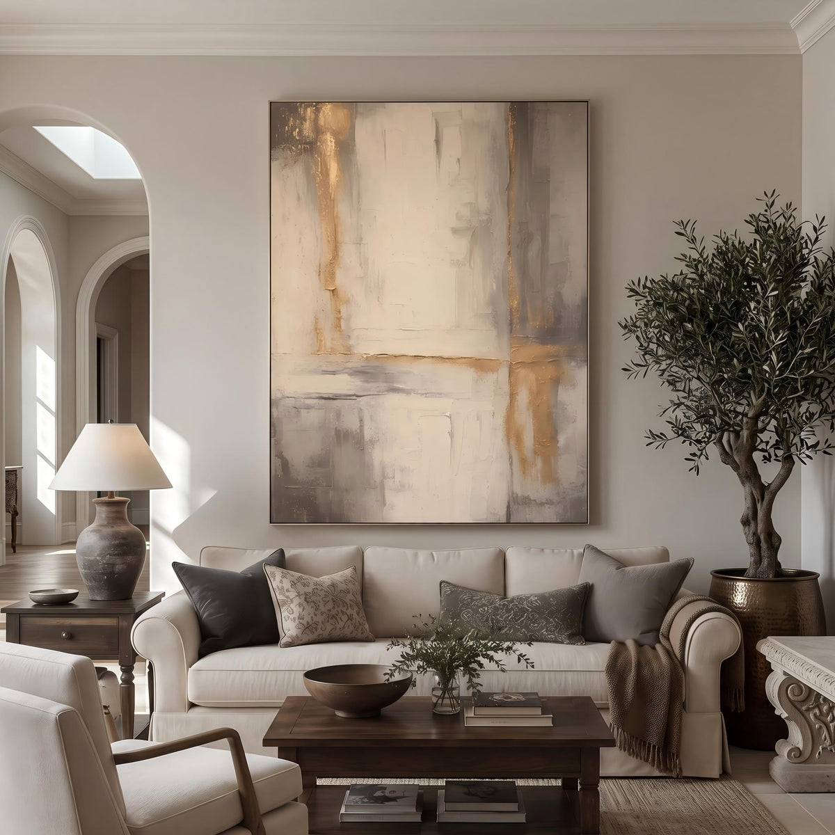 "Gold Foil Luxury" - Modern Heavy Impasto Abstract Artwork | Beige & White Palette Knife Painting | Luxury Vertical Wall Art #PT 2626